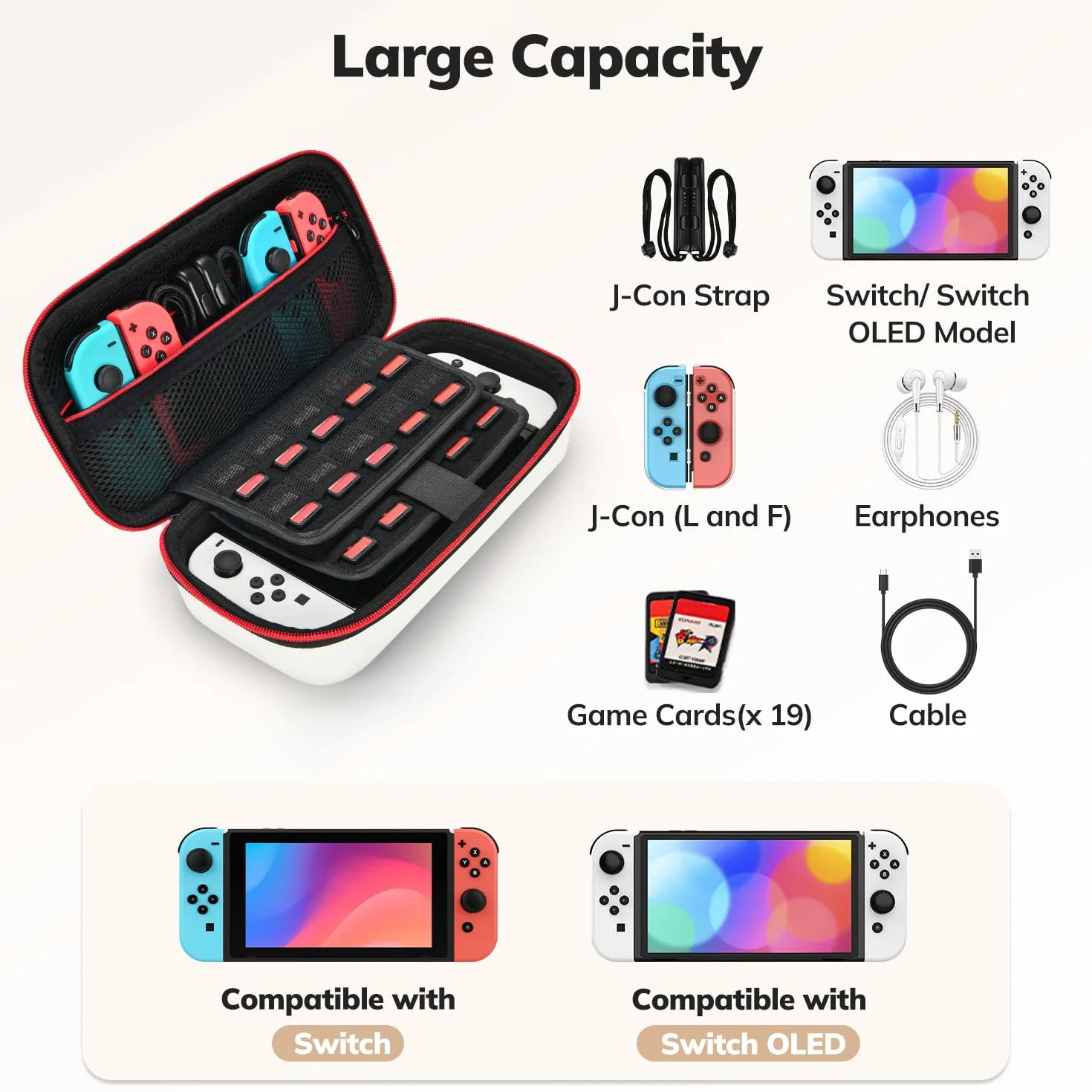 Younik pokrowiec na NS Switch/Switch OLED – ulepszona wersja twardy pokrowiec podróżny z dużą ilością miejsca na 19 gier i inne akcesoria NS Switch – czerwony i biały