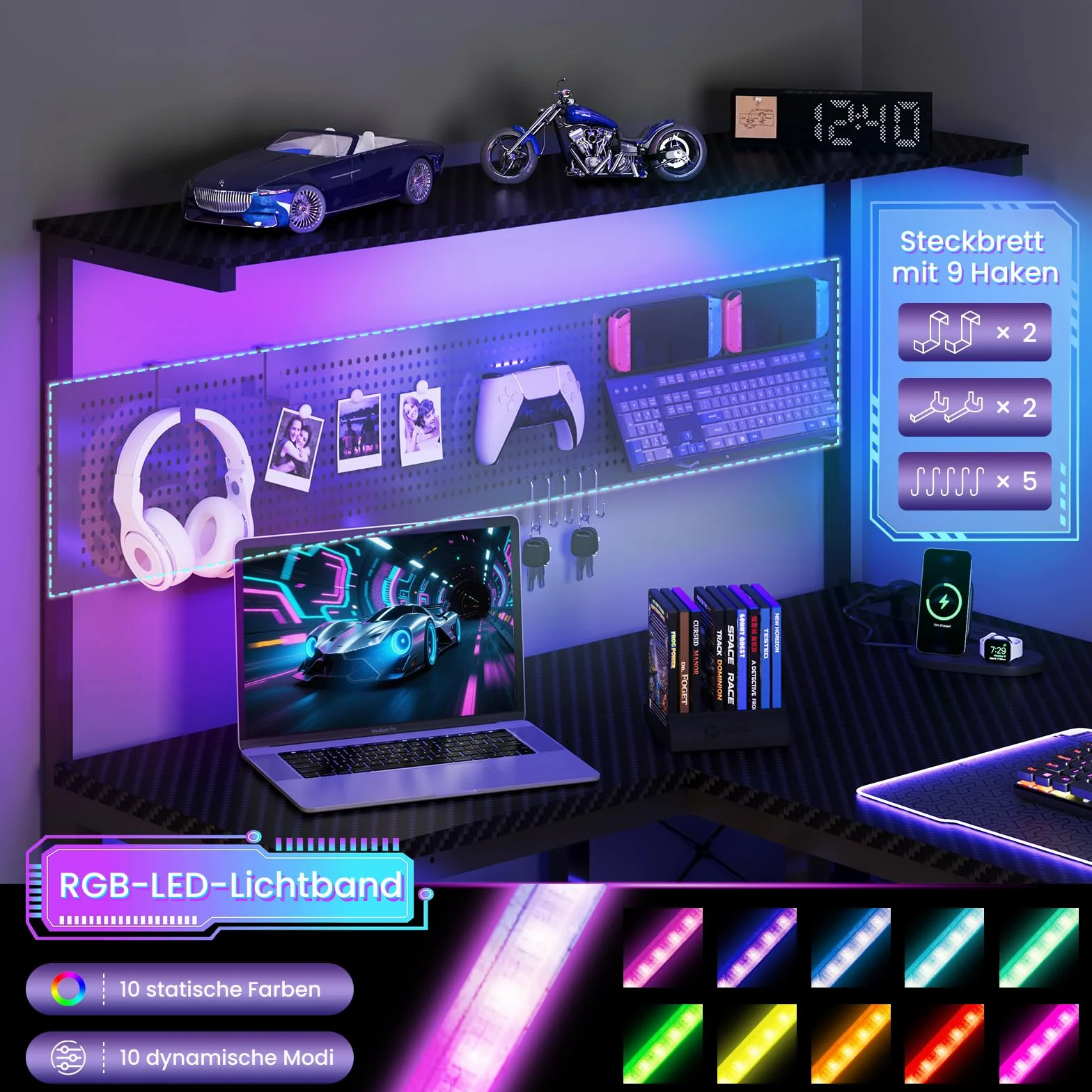 YOUDENOVA Biurko gamingowe w kształcie litery L z diodami LED, gniazdkiem i wejściem USB, dwustronne biurko narożne z regałem, 120 x 80 cm, biurko komputerowe z uchwytem na PC, stół dla graczy do
