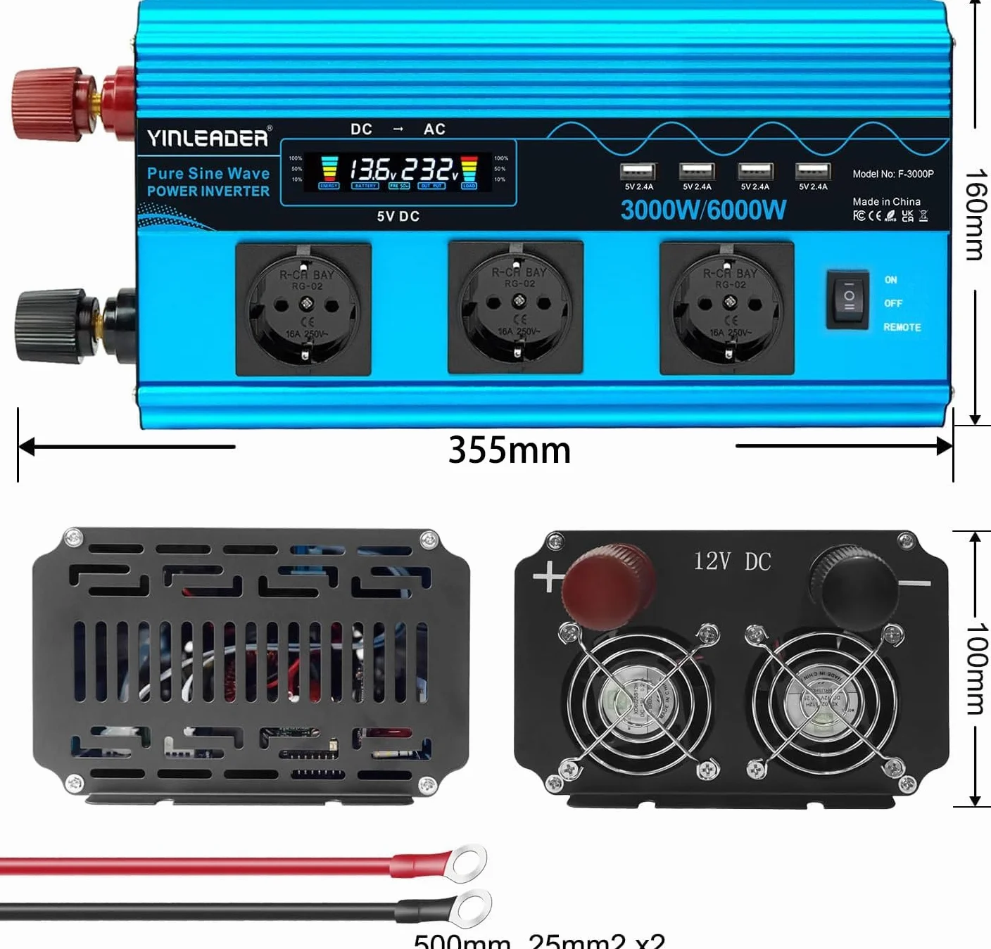 Przetwornica napięcia, 3000 W/6000 W, czysta sinusoida, 12 V, 230 V, z 3 europejskimi gniazdami i 4 portami USB, wyświetlacz LCD