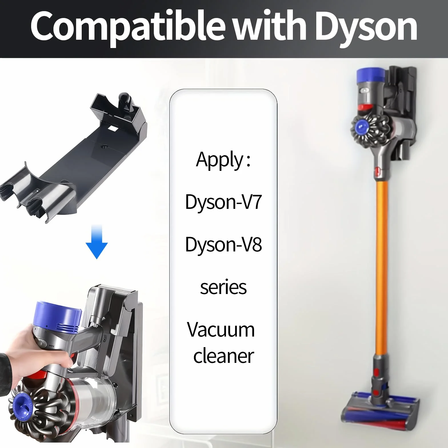 Uchwyt ścienny kompatybilny z odkurzaczem Dyson V7/8, akcesoria, uchwyt do odkurzacza, tworzywo sztuczne, stojak ładujący (32 x 10 cm)