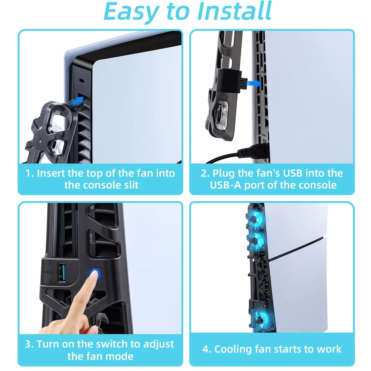 Wentylator chłodzący PS5 Slim z kolorowym światłem LED, cichy wentylator z regulacją temperatury do konsoli PS5 Slim DE/UHD, 3 tryby - czarny - nie dla PS5/PS5 Pro