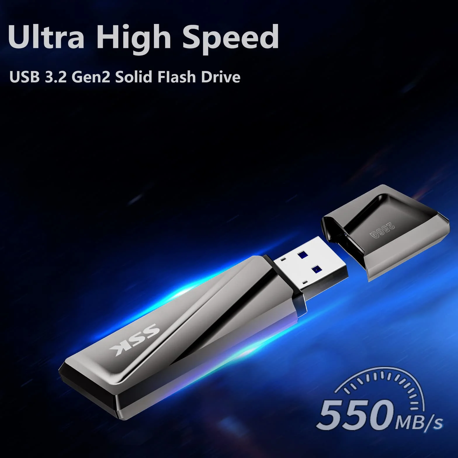 SSK Dysk flash USB SSD 256 GB, szybkość do 550 MB/s, USB 3.2 Gen 2, pendrive + adapter USB C do telefonu z systemem Android, laptopa, tabletów i innych urządzeń
