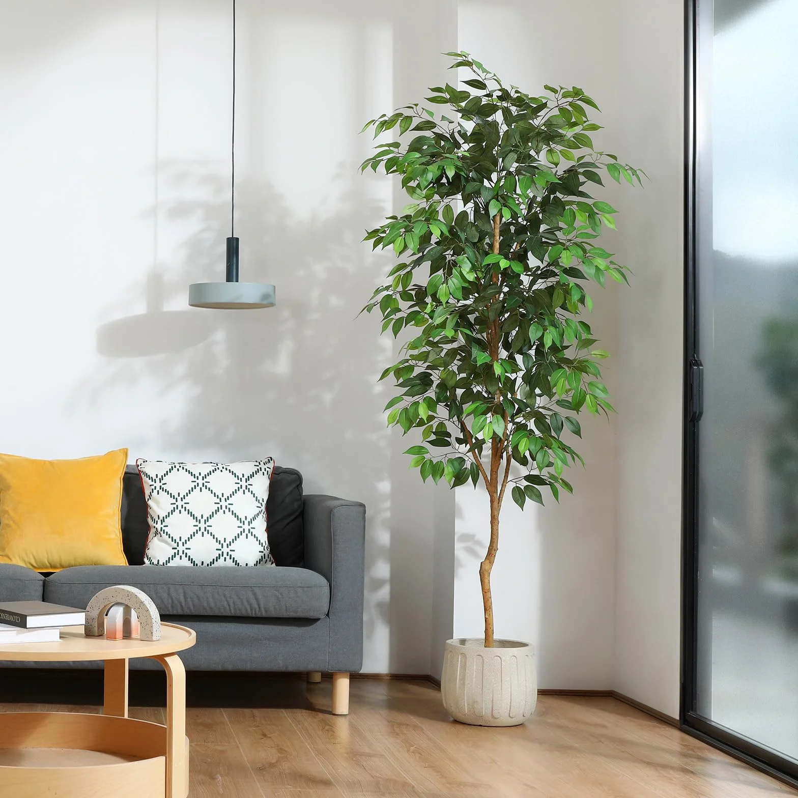 Fopamtri Sztuczna roślina duża, 210 cm, Ficus Benjamina, sztuczna roślina z naturalnego drewna, roślina pokojowa, sztuczne drzewo w doniczce, do domu, biura, na balkon (1 sztuka)
