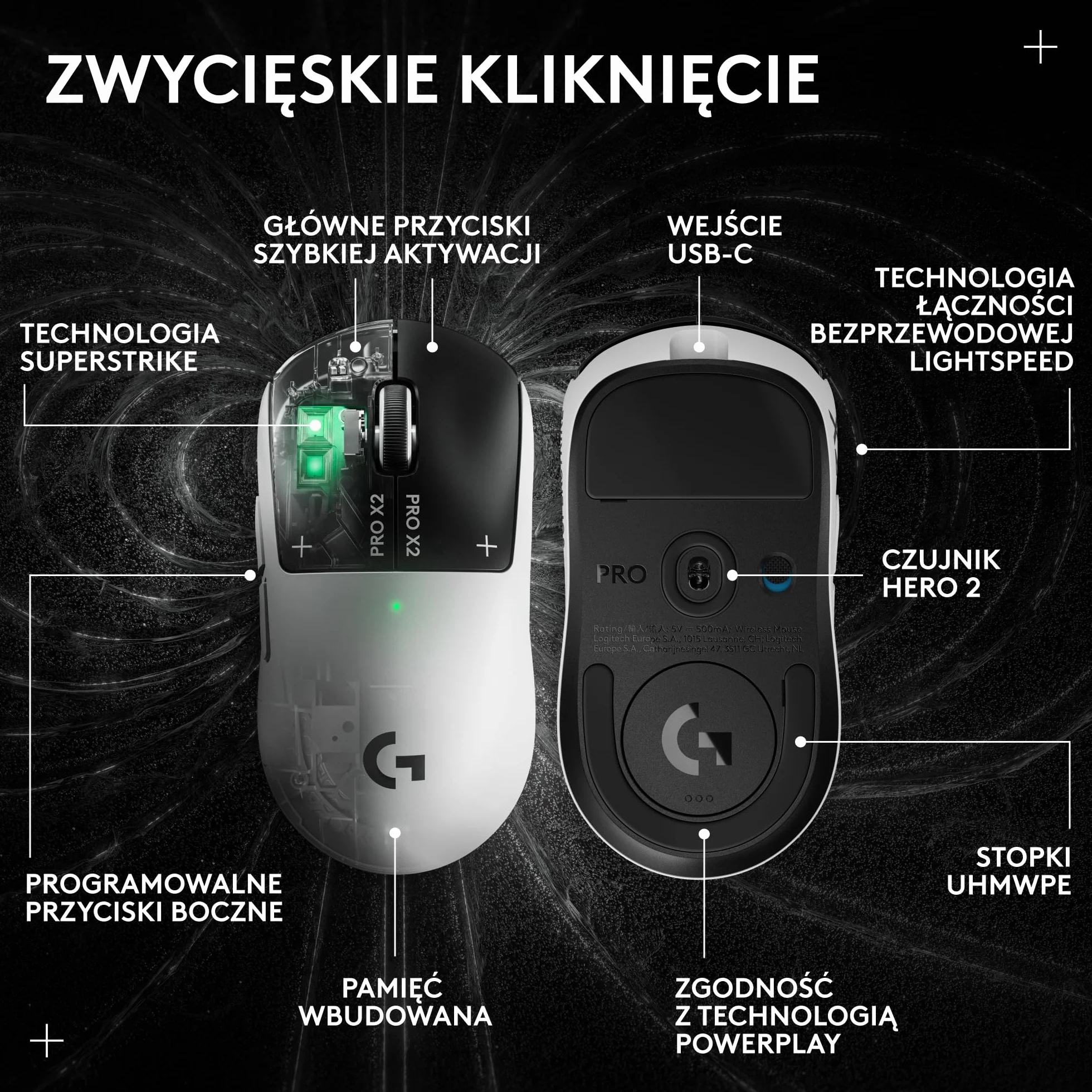 Logitech G PRO X2 SUPERSTRIKE LIGHTSPEED, bezprzewodowa mysz do gier,z ultra-szybkimi reakcjami,ultra lekka (61 g),z regulowaną reakcją haptyczna na kliknięcia i ładowaniem przez USB-C,do PC/Mac-Biały