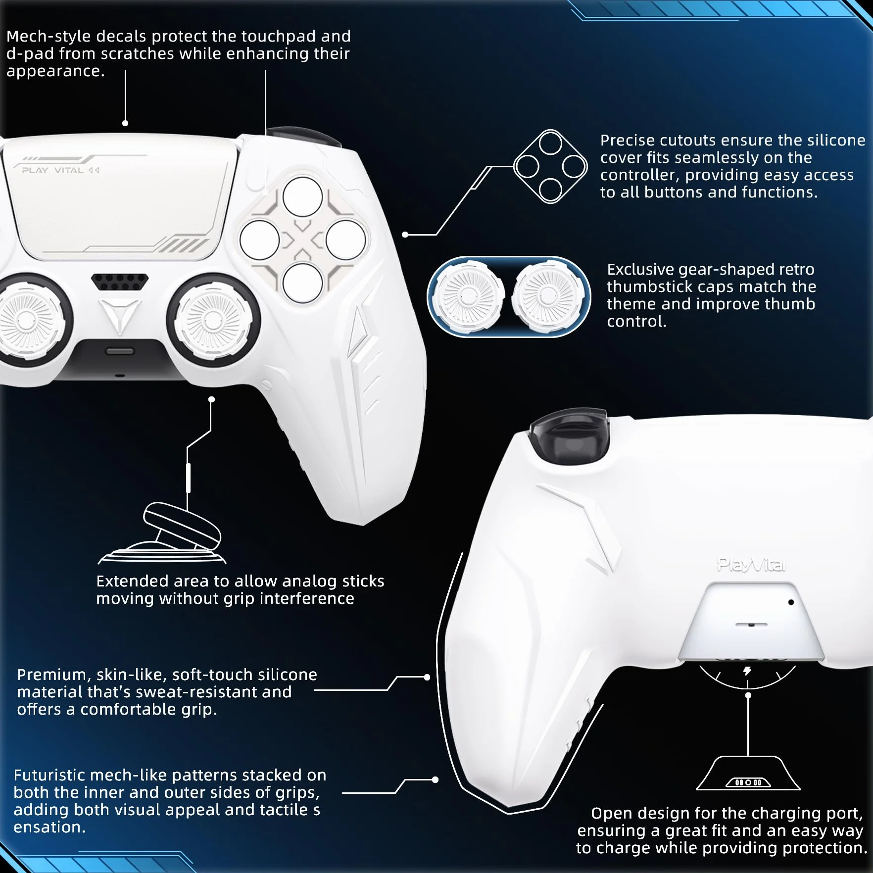 PlayVital Silikonowa Etui do ps5 Kontroler,Protective Case Silikonowa Osłona do ps5 Pokrowiec Skóry Ochronny Nakładka kompatybilna z ps5 Stacją Dokującą-Biały(CyberMech Edycja)