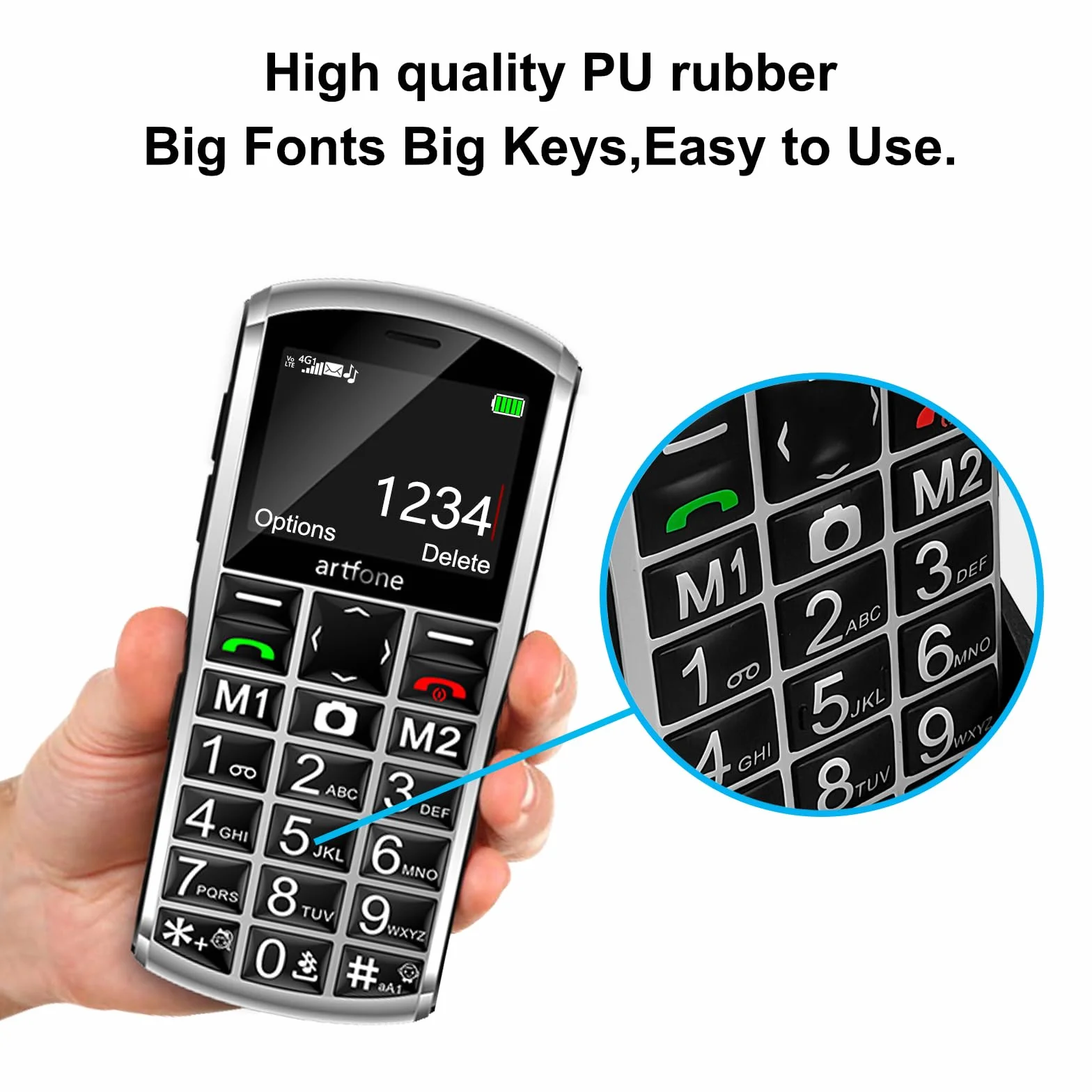 artfone Telefon komórkowy 4G dla seniorów bez umowy, telefon komórkowy dla emerytów, duże przyciski, akumulator 1800 mAh, telefon komórkowy dla seniorów, Dual Nano SIM,przycisk SOS, stacja ładująca
