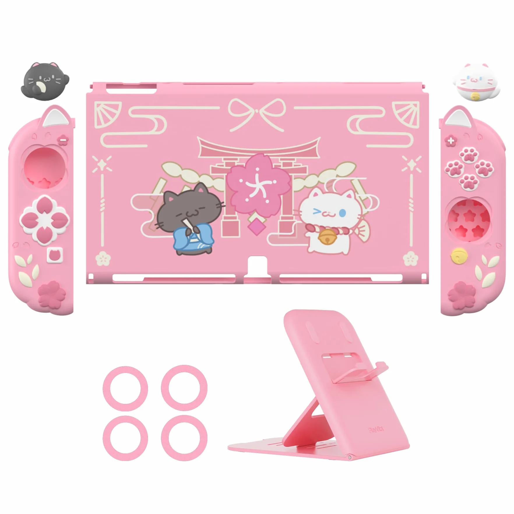 PlayVital Etui Ochronne do Switch OLED z Podpórką, Nakładkami na Joysticki, Twarda Obudowa Kompatybilna z Dockiem, Silikonowy Grip do Joyconów – Różowy Kotek Kwiaty Wiśni