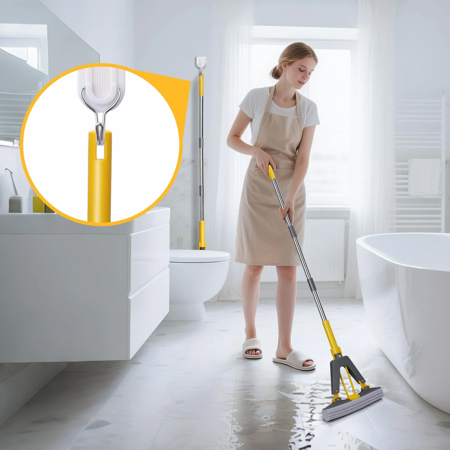 Masthome Mop gąbkowy, mop rolkowy z 3 super chłonnymi wkładami do mopa gąbkowego, samozaciskająca gąbka do czyszczenia płytek marmurowych, laminowanych podłóg