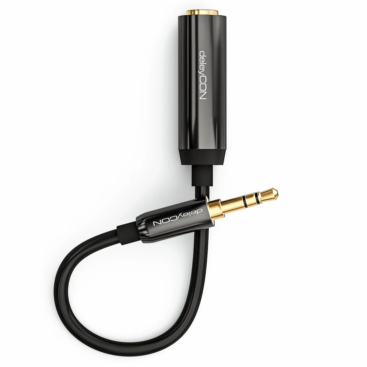 deleyCON 0,2m Kabel Adapter Audio Stereo Jack - Wtyk 3,5 mm na Gniazdo 6,3 mm - Pozłacane Styki, Wewnętrzny Przewodnik z Miedzi OFC, Metalowa Obudowa - Czarny