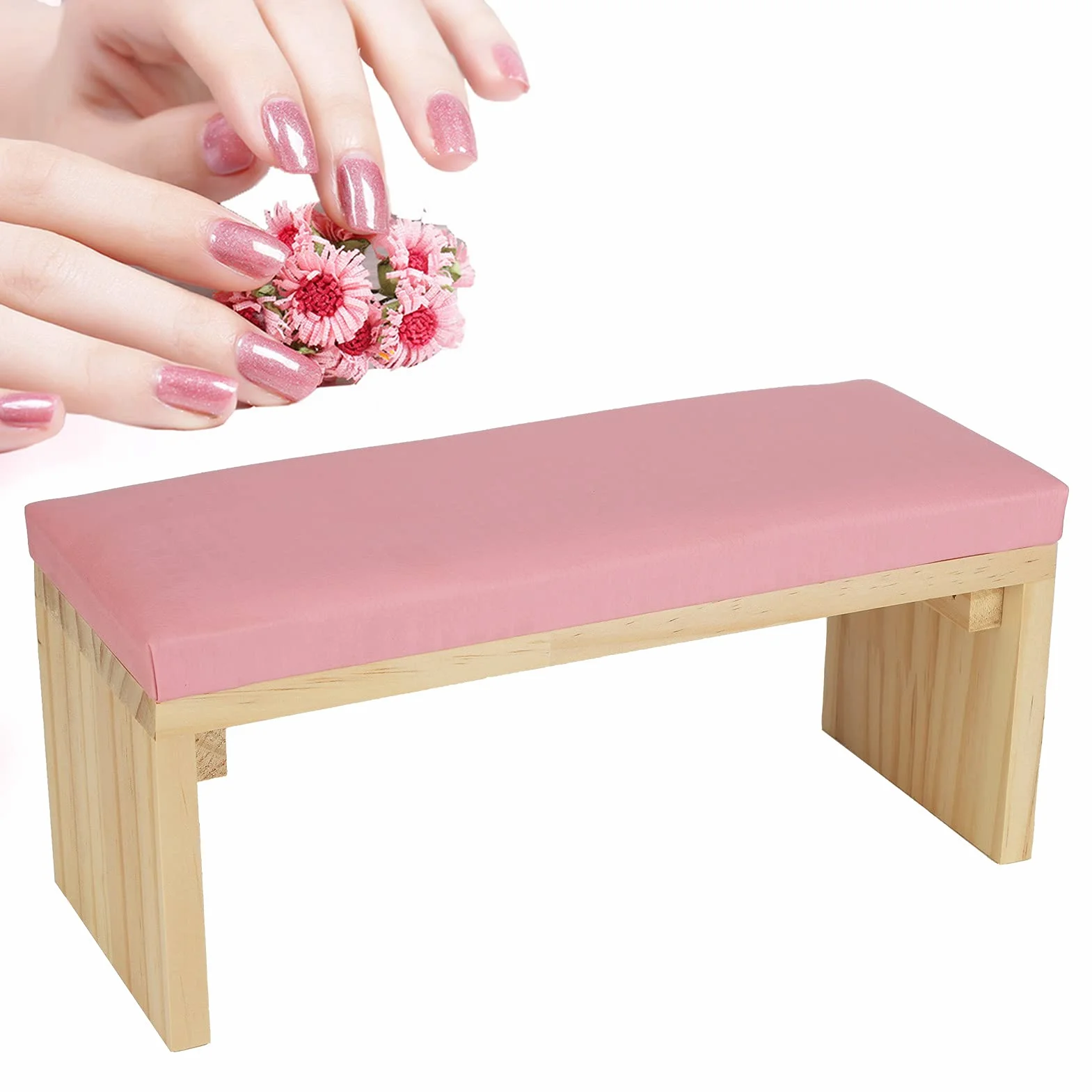 Nail Art Poduszka do Rąk Poduszka do Podłokietnika do Paznokci Miękka Skóra PU Drewniany Stojak Poduszka Podłokietnik do Salonu Paznokci(Różowy)