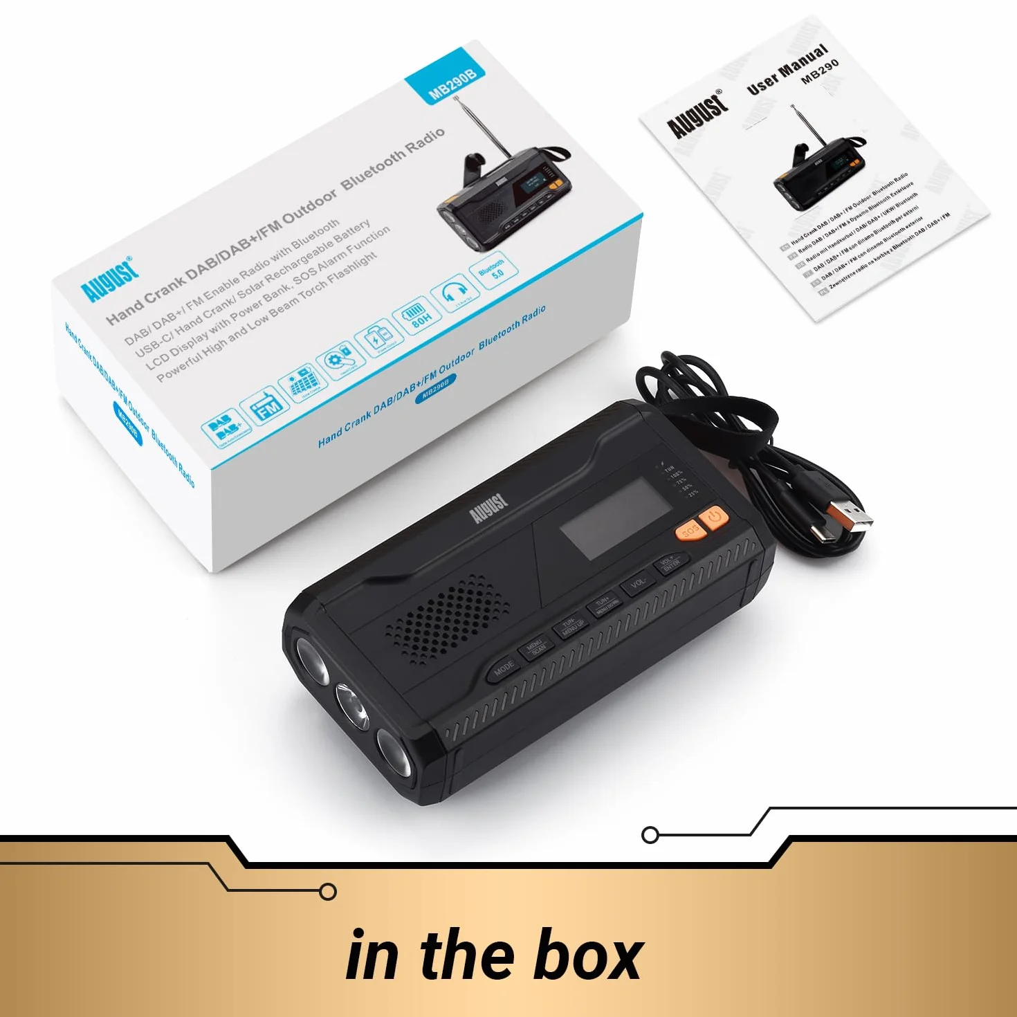August MB290B Wind Up Solar Radio z DAB+/DAB/FM – 4500 mAh akumulator Bluetooth 5.0, radio awaryjne z korbą ręczną z powerbankiem USB, latarką i alarmem SOS do survivalu, biwakowania, wędrówek