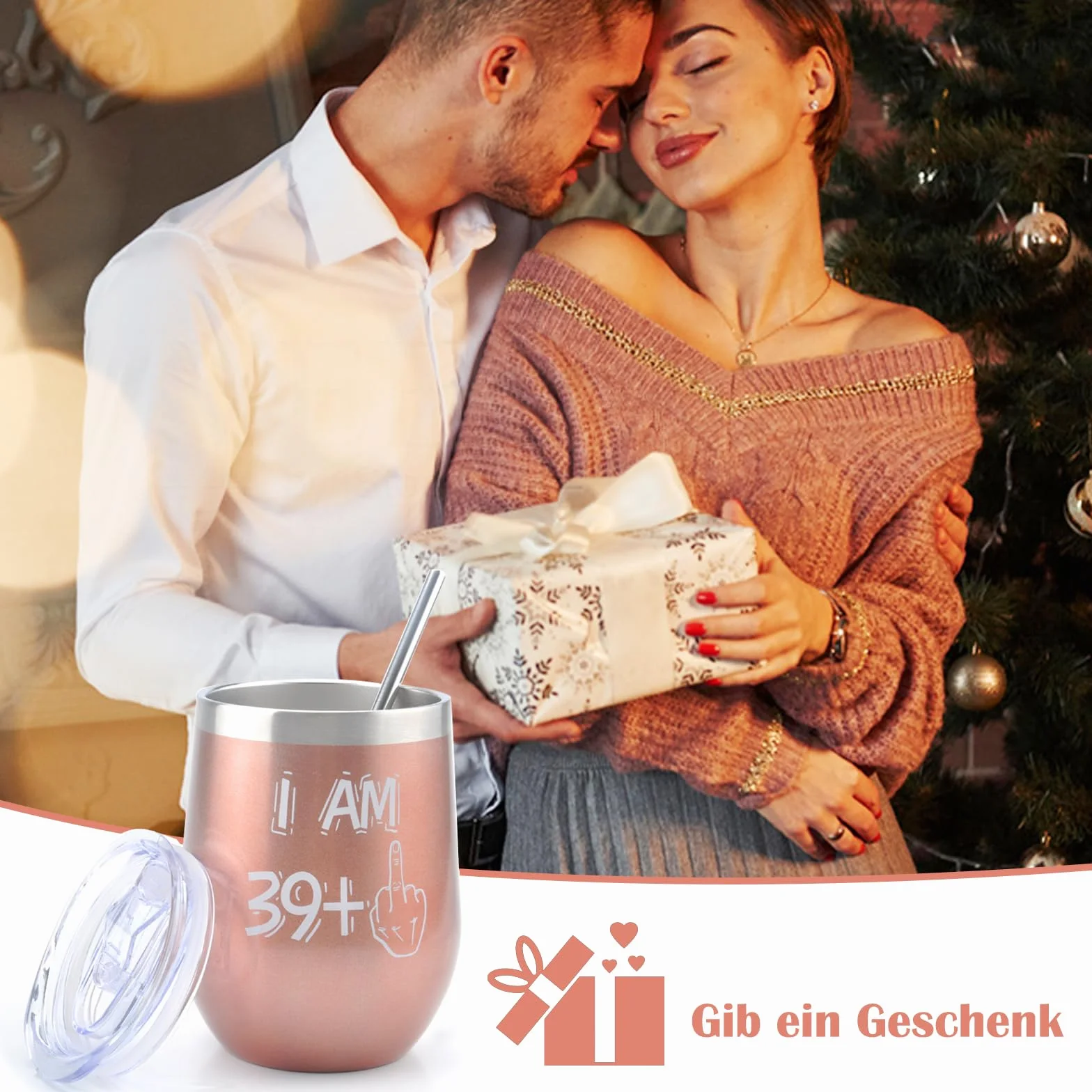 40. urodziny kieliszek do wina ze stali nierdzewnej dla kobiet, 40. urodziny dla kobiet, kieliszki do wina z pokrywką, słomka i słomka, filiżanka do kawy na prezent urodzinowy, Boże Narodzenie