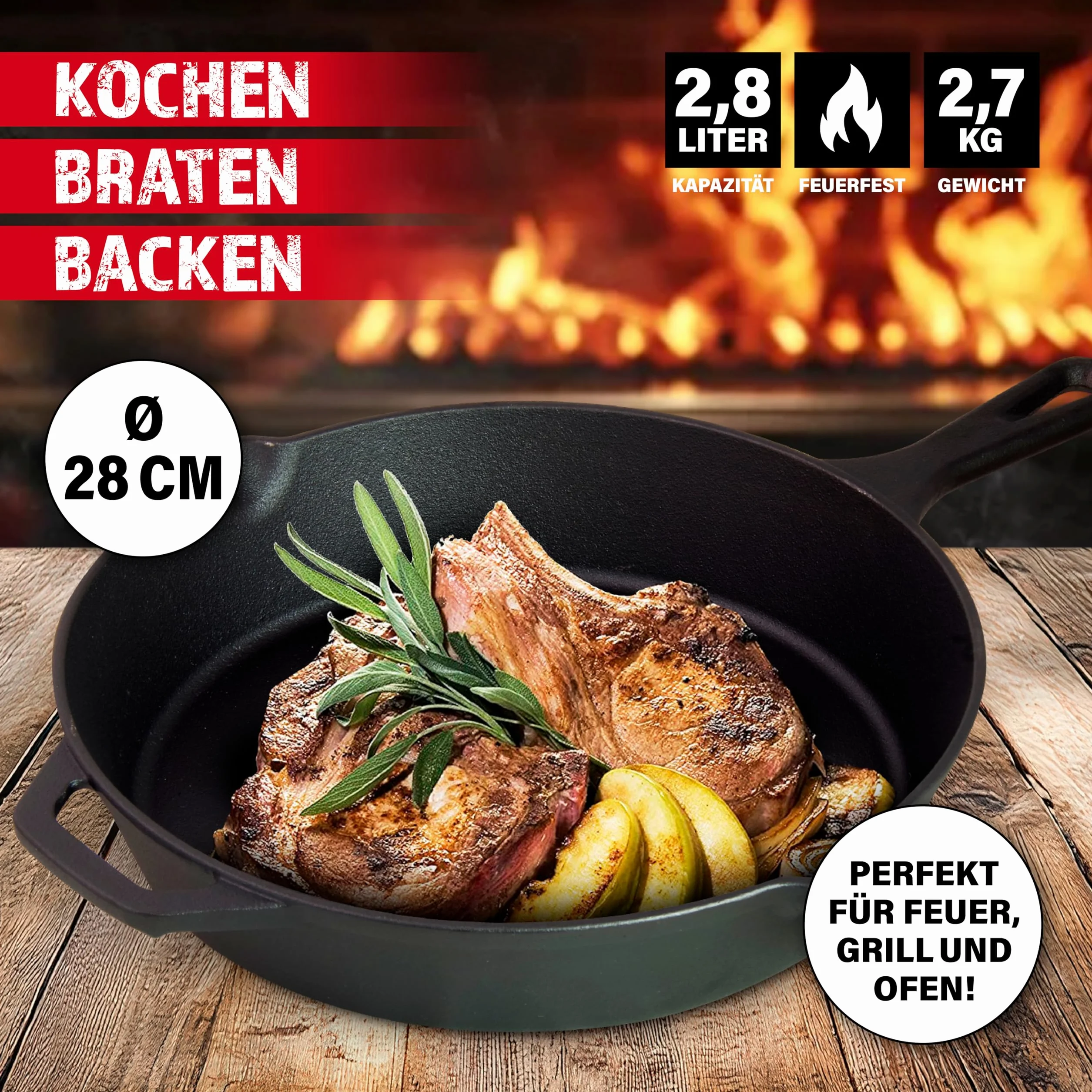 BBQBOSS Żeliwna patelnia 28 cm [2,8 litra] patelnia żelazna – cast iron pan – frying pan – indukcja – patelnia żeliwna – do grilla gazowego – do grilla węglowego