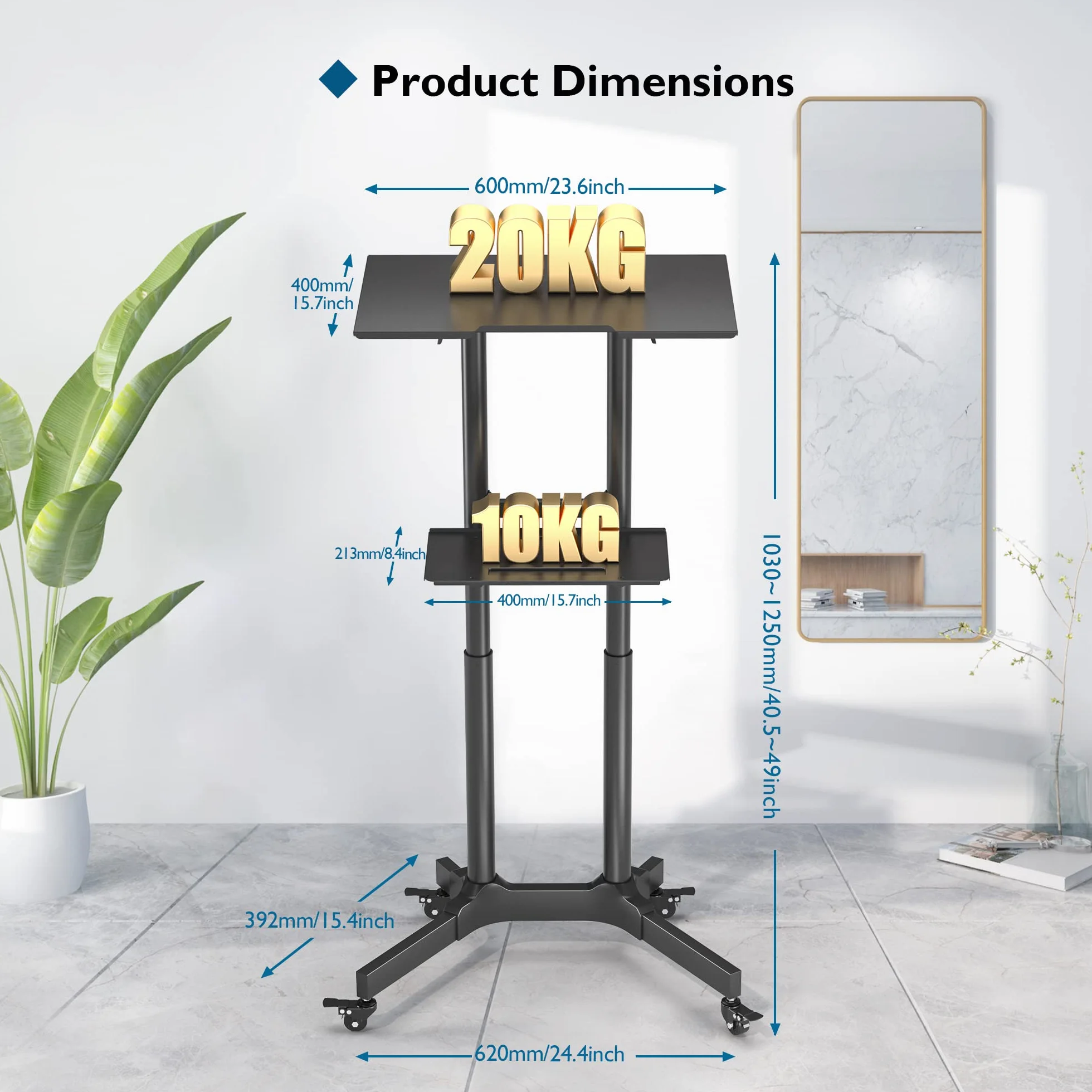 BONTEC Regulowane Biurko Stojące z Kołami 103-125 cm Stalowa Rama