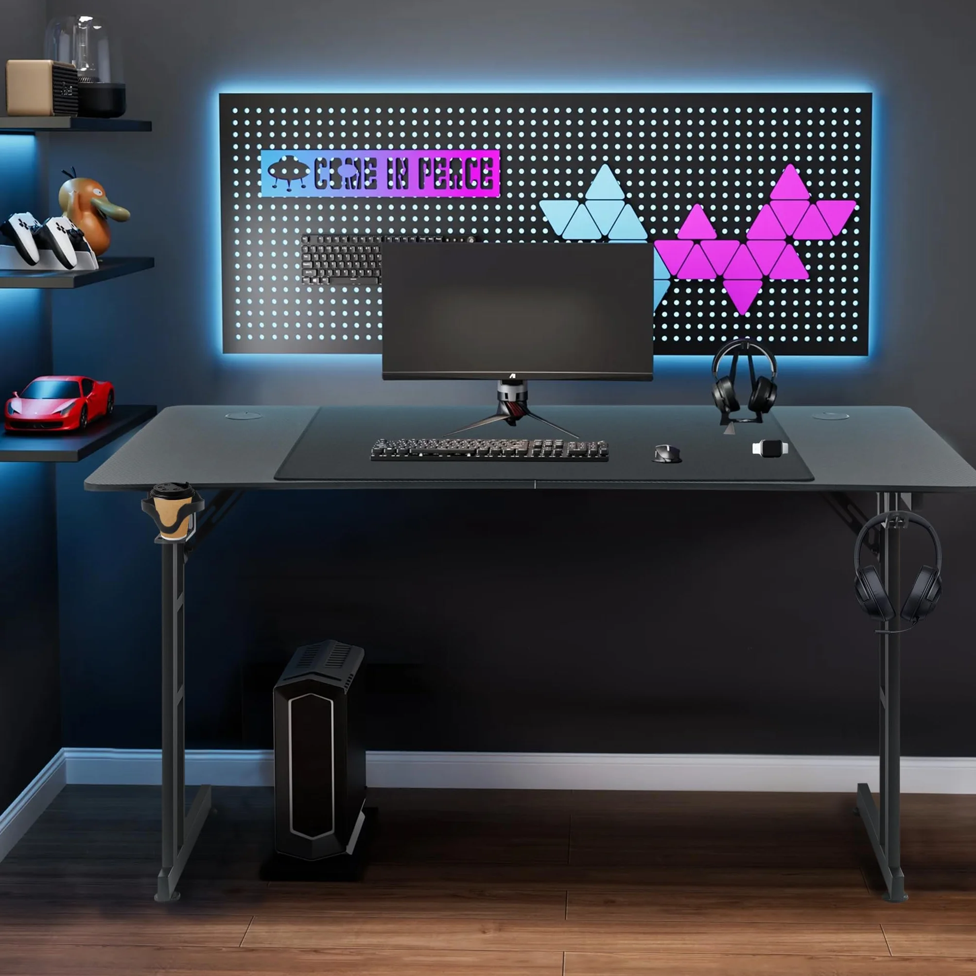 XMTECH 140 x 60 cm stolik gamingowy, biurko z ramą w kształcie litery Z, biurko komputerowe z powierzchnią z włókna węglowego, ergonomiczny stół komputera z hakiem na słuchawki i uchwytem na napoje