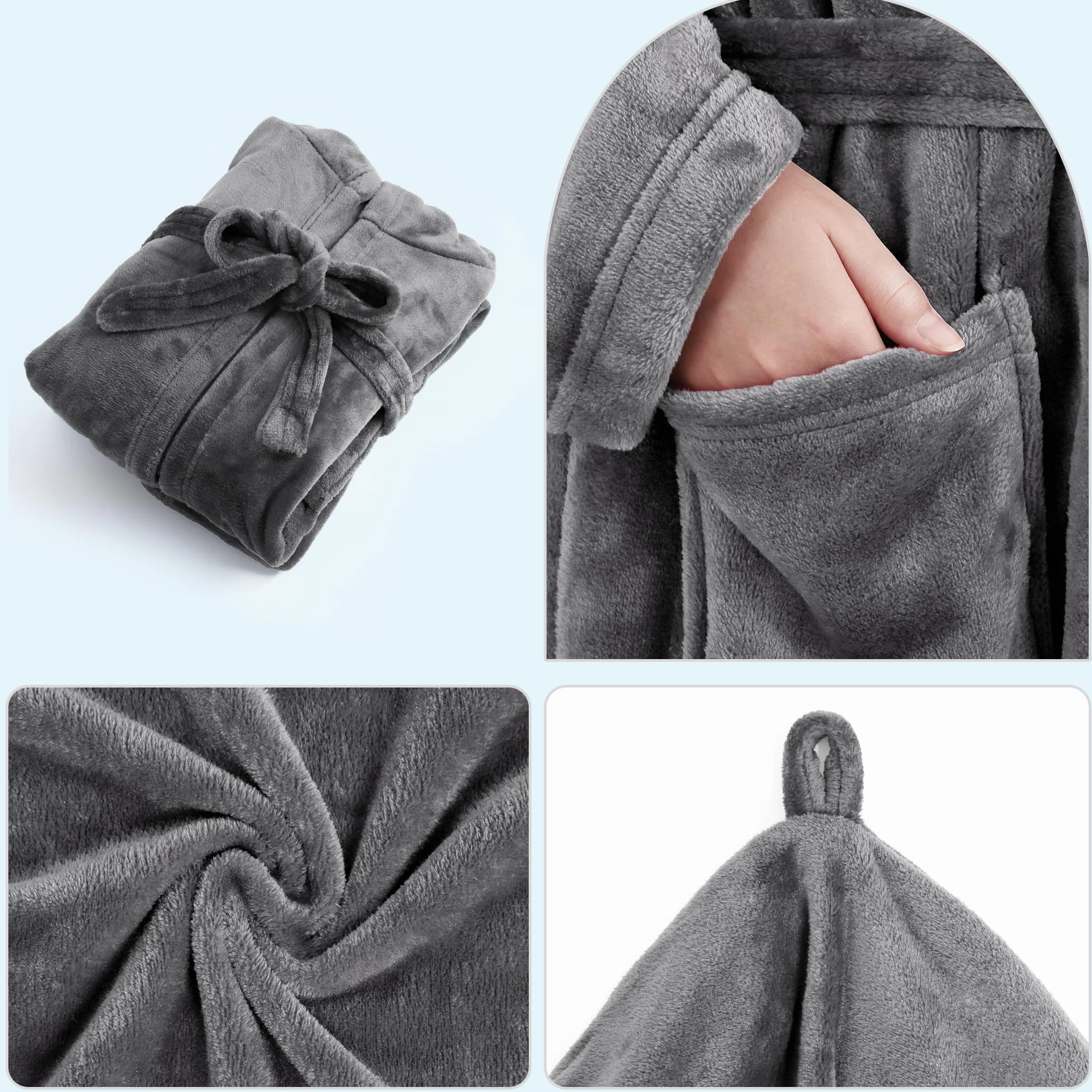 Pameil Szlafrok dla kobiet i mężczyzn, puszysty szlafrok z kapturem, koralowy polar, naszywane kieszenie, chłonny i szybkoschnący (długość 115 cm x szerokość barku 50 cm)