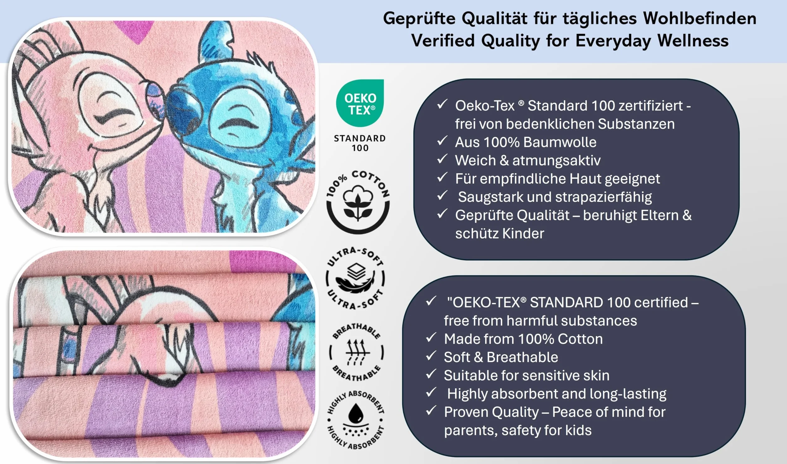 Theonoi Disney Lilo und Stitch dziecięcy ręcznik kąpielowy, ręcznik plażowy, 70 x 140 cm, 100% bawełna, dla dziewczynek – standard Öko-Tex