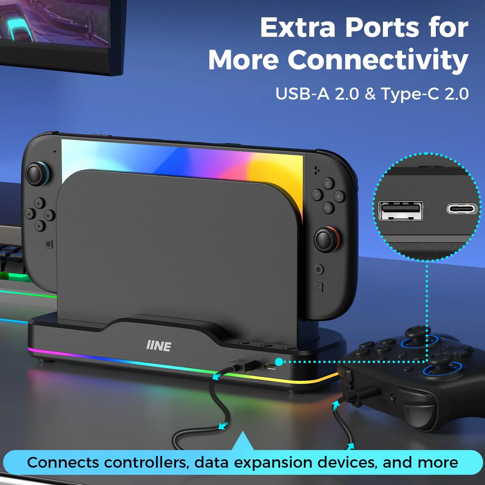 IINE Wentylator chłodzący do przełącznika 2, podwójny wentylator chłodzący z regulowanym oświetleniem RGB, rozszerzenie USB, chłodziarka dokująca Plug & Play dla zwiększonej wydajności konsoli (wersja