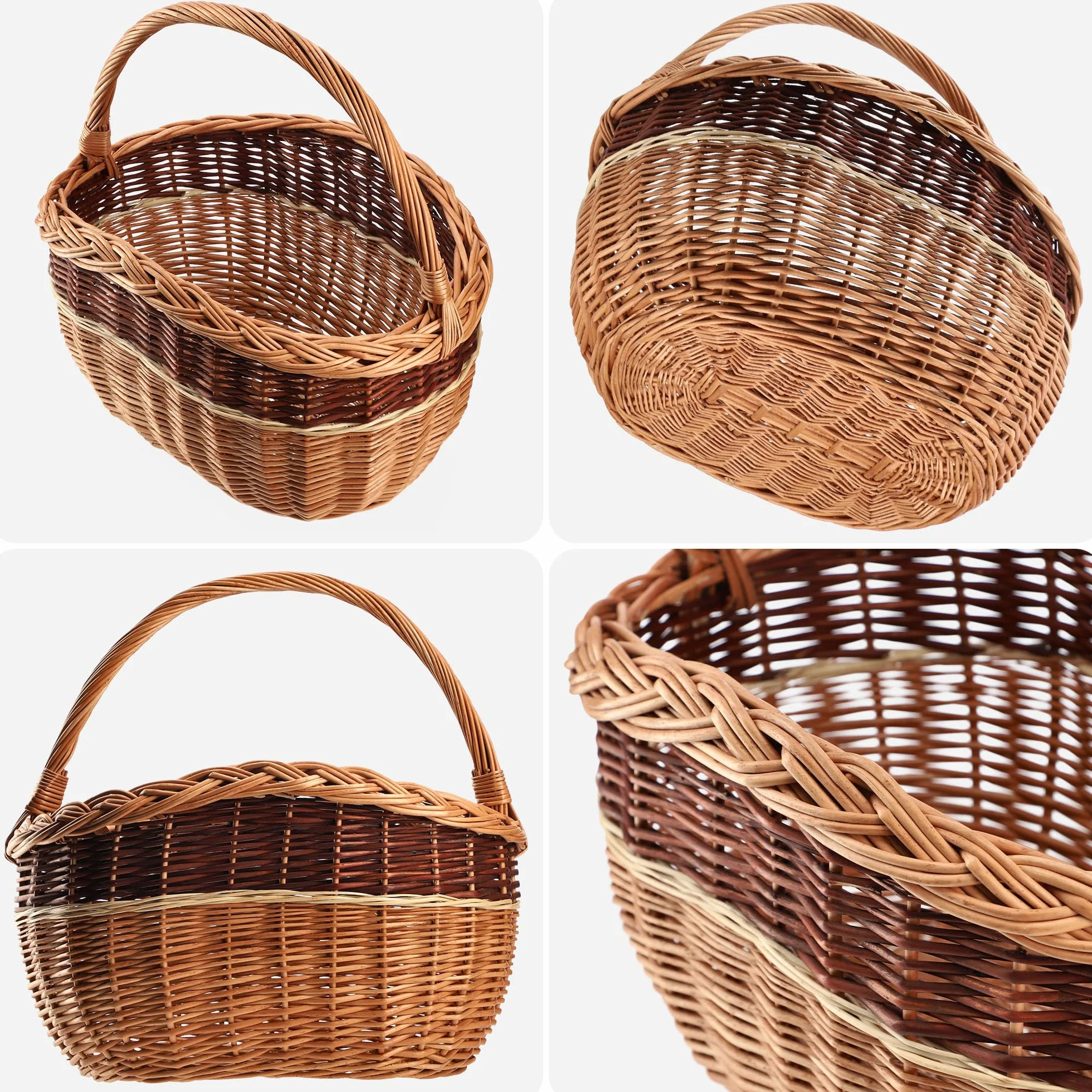 KADAX Kosz wiklinowy owalny 30x43cm, solidny uchwyt i gęsty splot, stabilny podczas noszenia, do zakupów, pikniku i grzybobrania, mieści butelki i zbiory z ogrodu