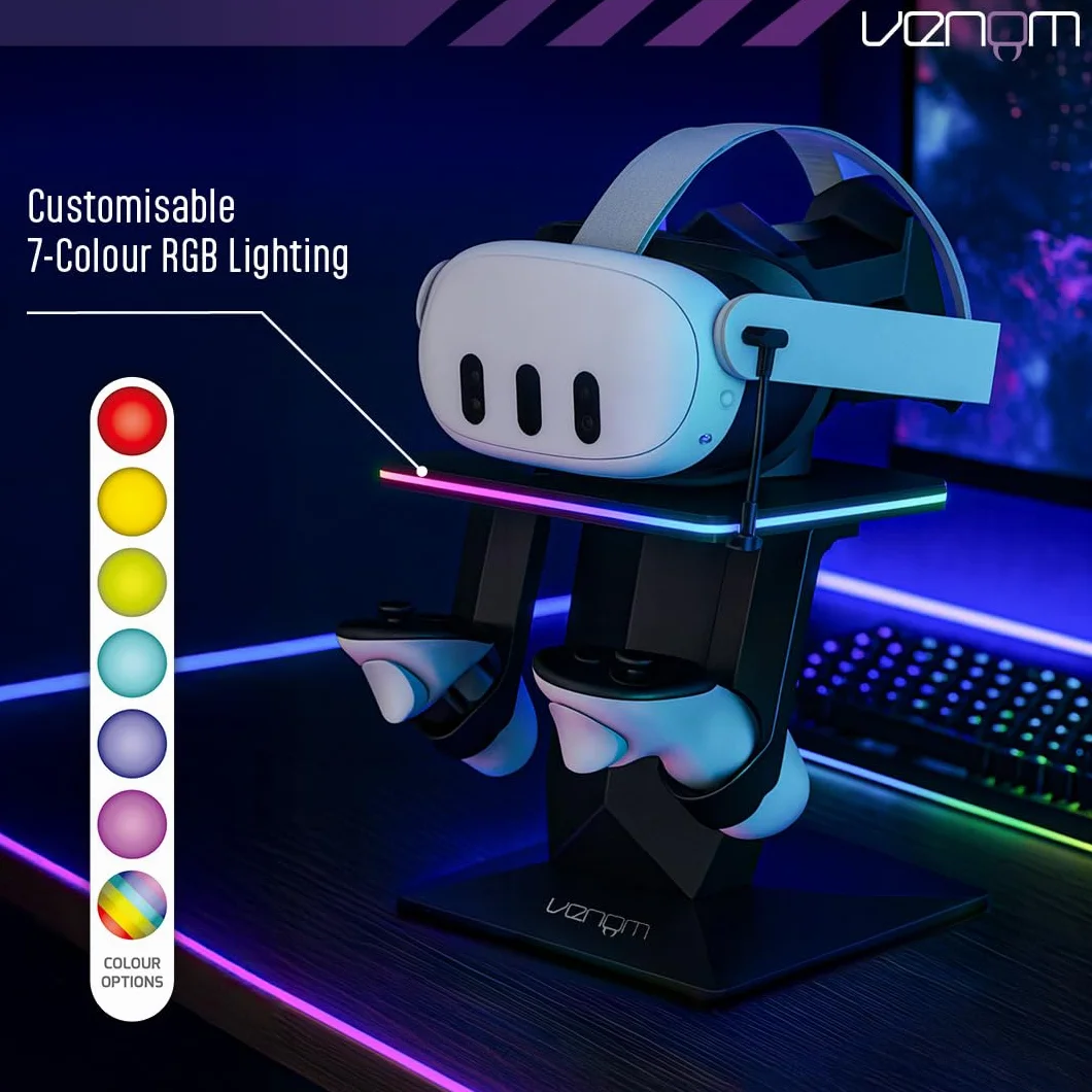 Venom Stojak ładujący RGB do Meta Quest 3S/3/2/Pro | Ładowarka USB-C i stojak z podświetleniem LED w 7 kolorach