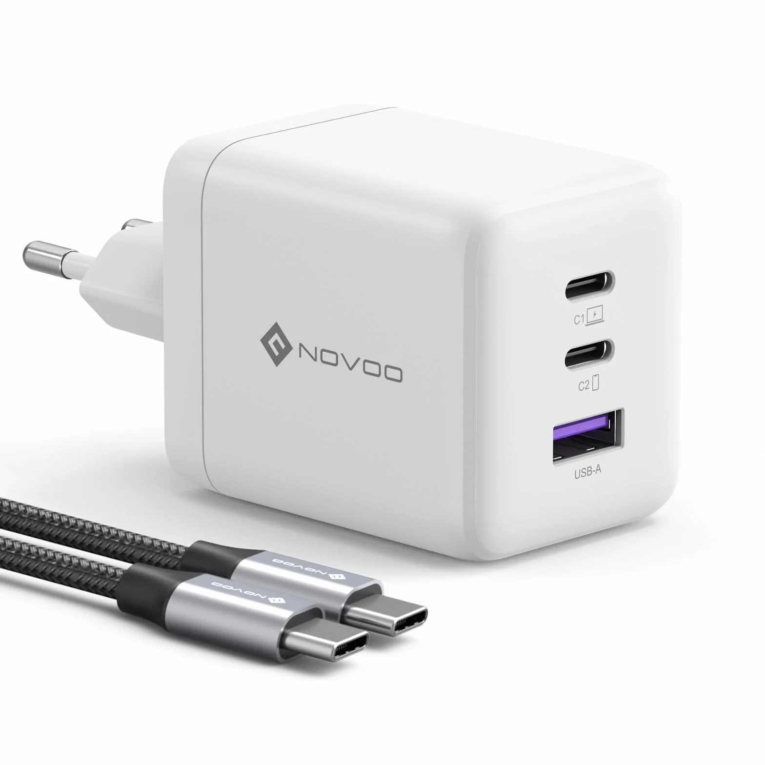 NOVOO Szybka ładowarka USB-C 100 W, 3-portowa wtyczka USB C, adapter kompatybilny z iPhone 16 Plus Pro Max, Galaxy PPS 45 W, S24 Ultra, S23, S22, Pixel, iPad, MacBook Air, biała