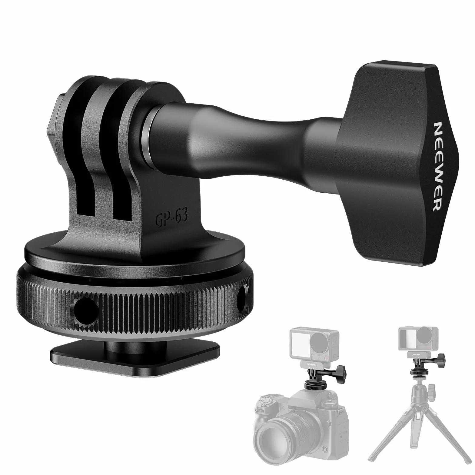 NEEWER Adapter do kamery sportowej, kompatybilny z akcesoriami GoPro Go Pro DJI Insta360 AKASO, metalowy uchwyt Hot Shoe z gwintem 1/4" do mini statywu, kijek do selfie, nachylenie 180°, GP-63