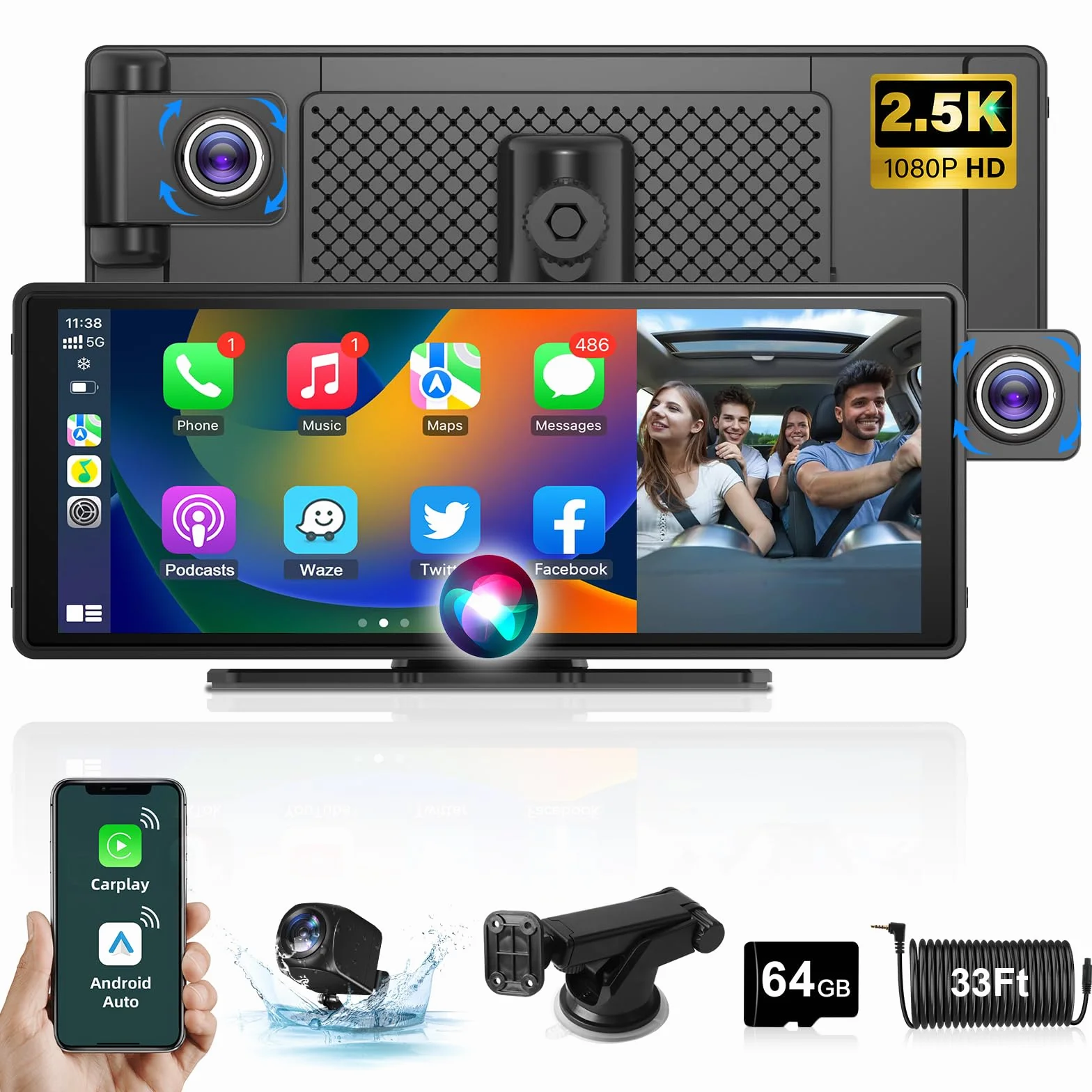 10,26-calowy wyświetlacz Apple Carplay Android Auto z regulowaną kamerą samochodową 2,5K Bezprzewodowy przedni tylny wyświetlacz Driveplay z kamerą cofania Radio samochodowe Carplay z Bluetooth 64G TF