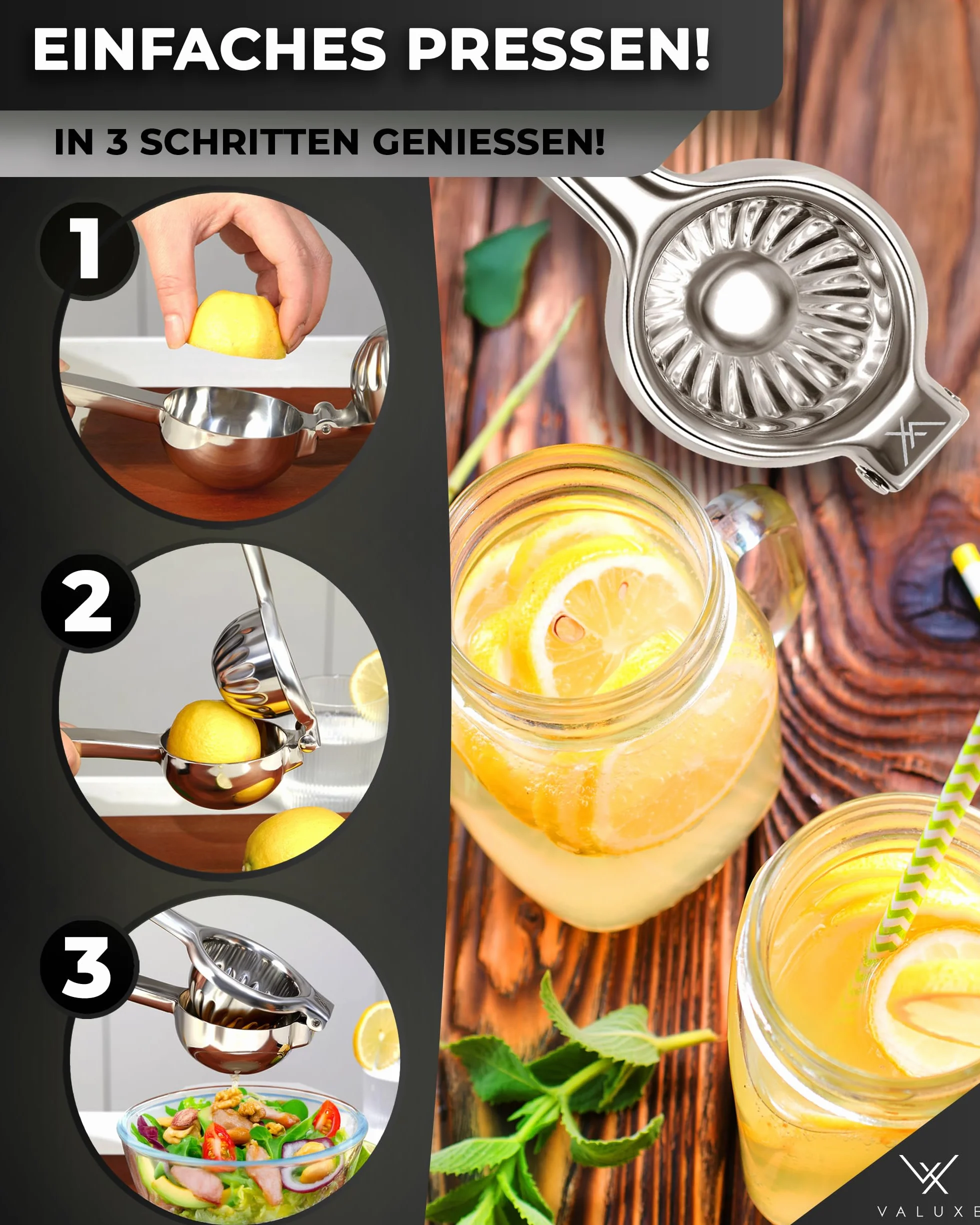 VALUXE® Premium wyciskarka do cytryn ze stali nierdzewnej - ręczna wyciskarka do cytrusów na cytryny, limonki i małe pomarańcze - ręczna wyciskarka do limonek, ręczna wyciskarka do cytrusów