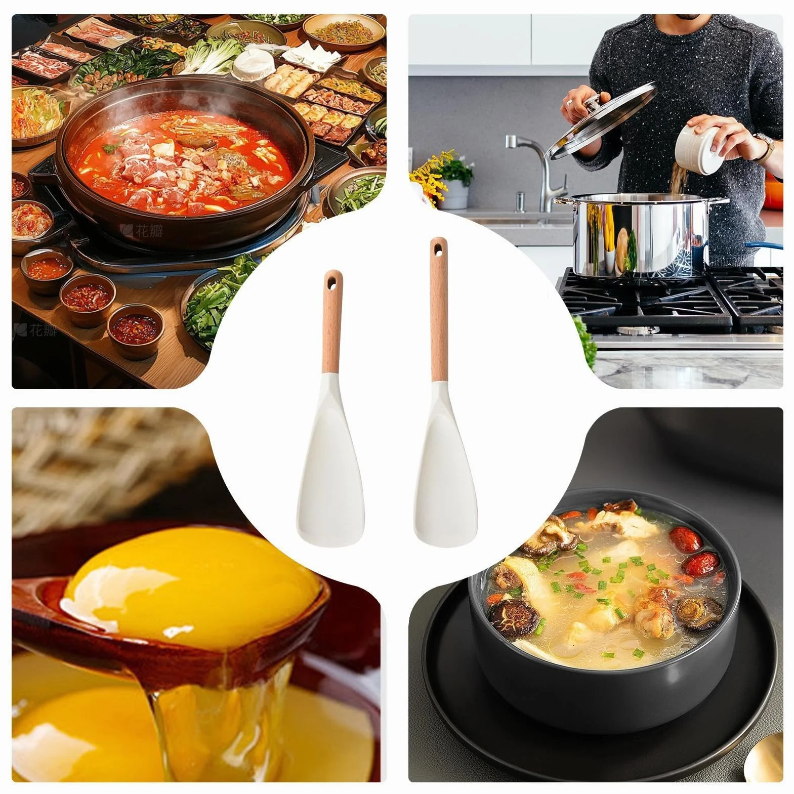 Silicone Kitchen Spatula Spoons, Heat Resistant Cooking Utensils, Wooden Handle Silicone Mixing Spatula Set, Nonstick Friendly Kitchen Tools for Stirring Baking Serving Food, Cooking Utensil Set