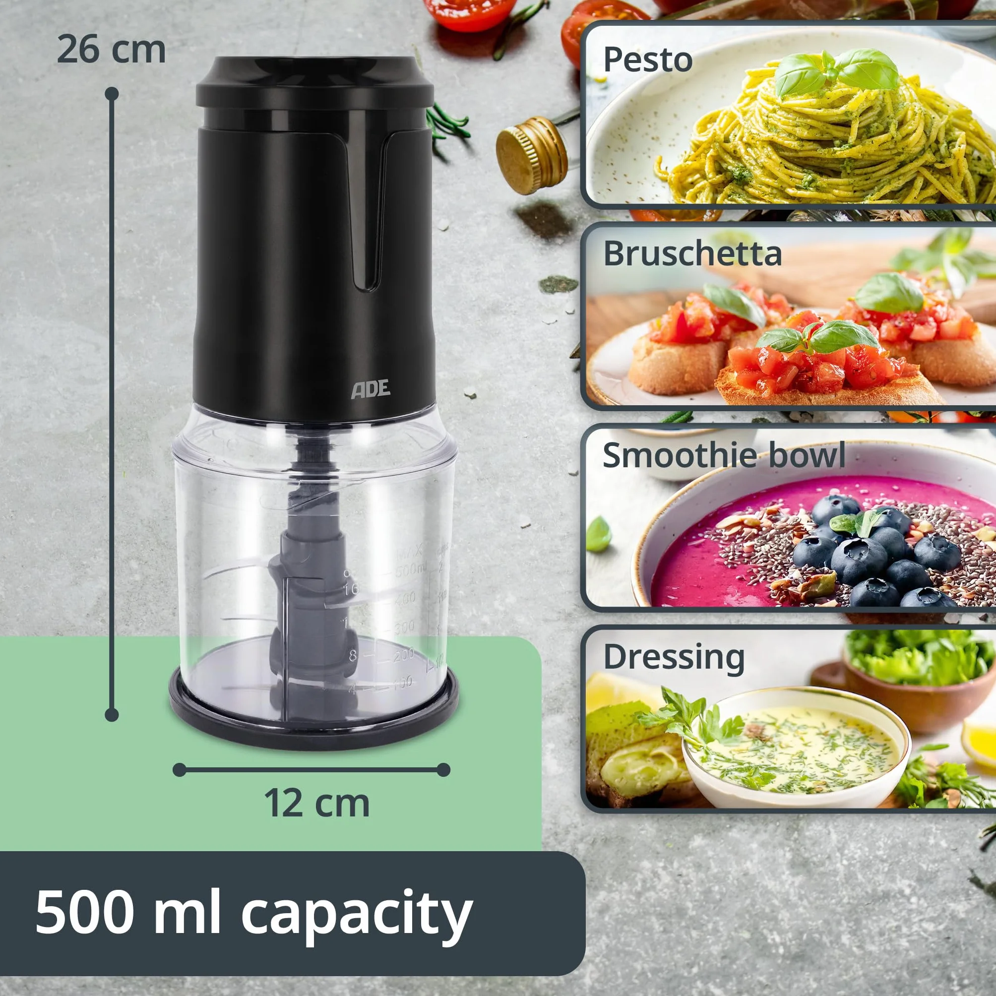 ADE Elektryczny rozdrabniacz kuchenny 400 W 500 ml ze stali nierdzewnej
