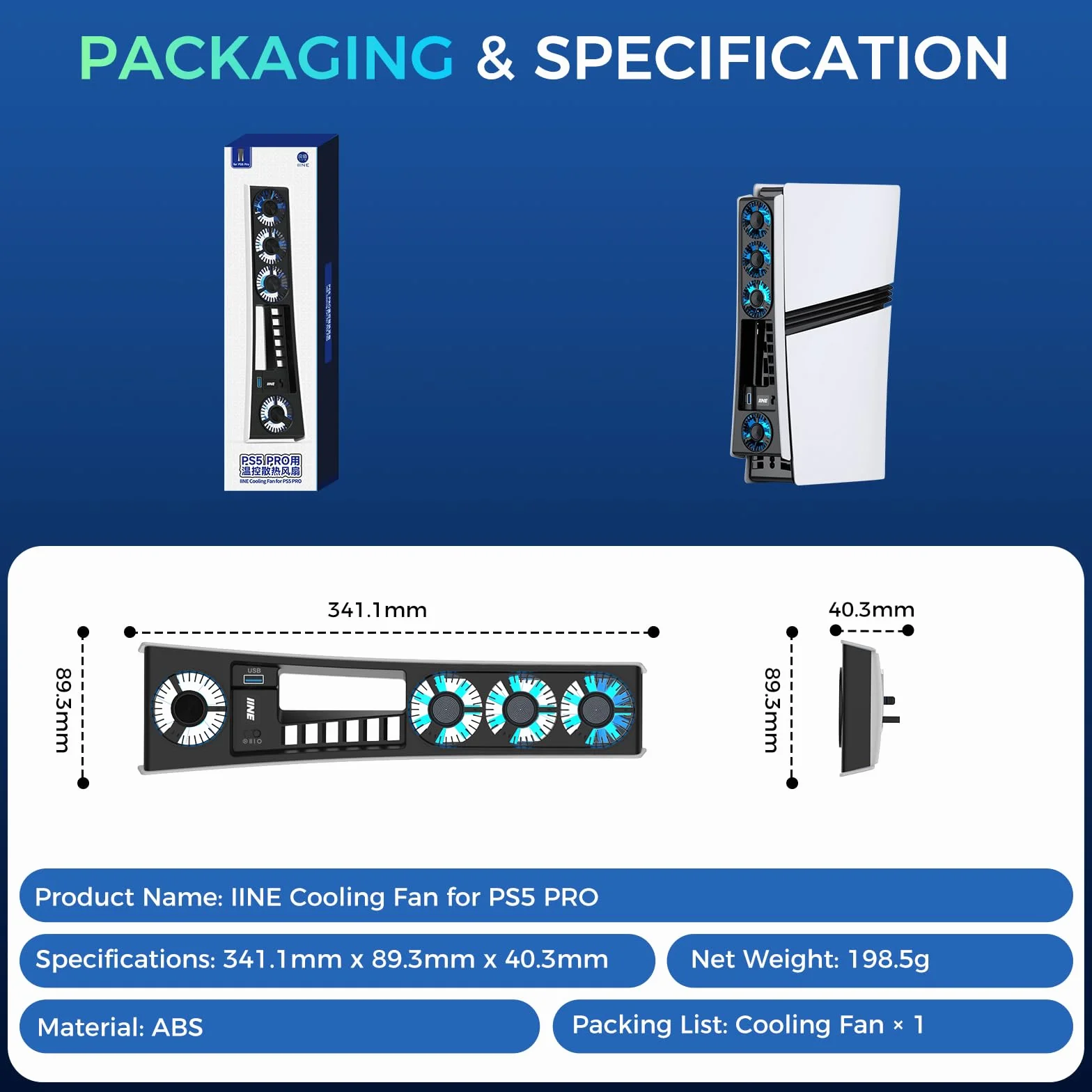 Wentylator chłodzący do PS5 Pro, wydajny wentylator chłodzący z regulowaną prędkością/światłem LED, akcesoria chłodzące PS5 PRO z portem USB 3.0