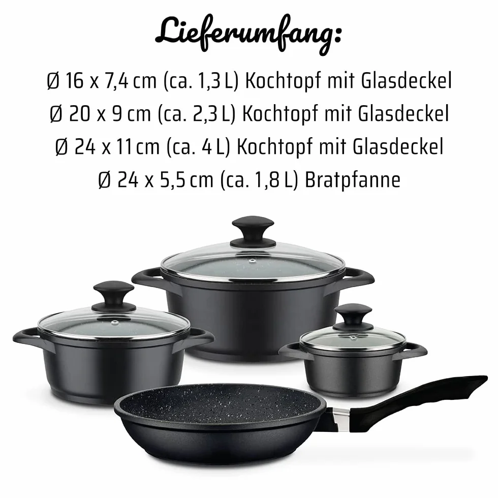 GSW Zestaw garnków i patelni Gourmet Granit – wysokiej jakości zestaw składający się z garnków i patelni, z pokrywką, również do kuchenek indukcyjnych i piekarników – odlew aluminiowy, 7-częściowy