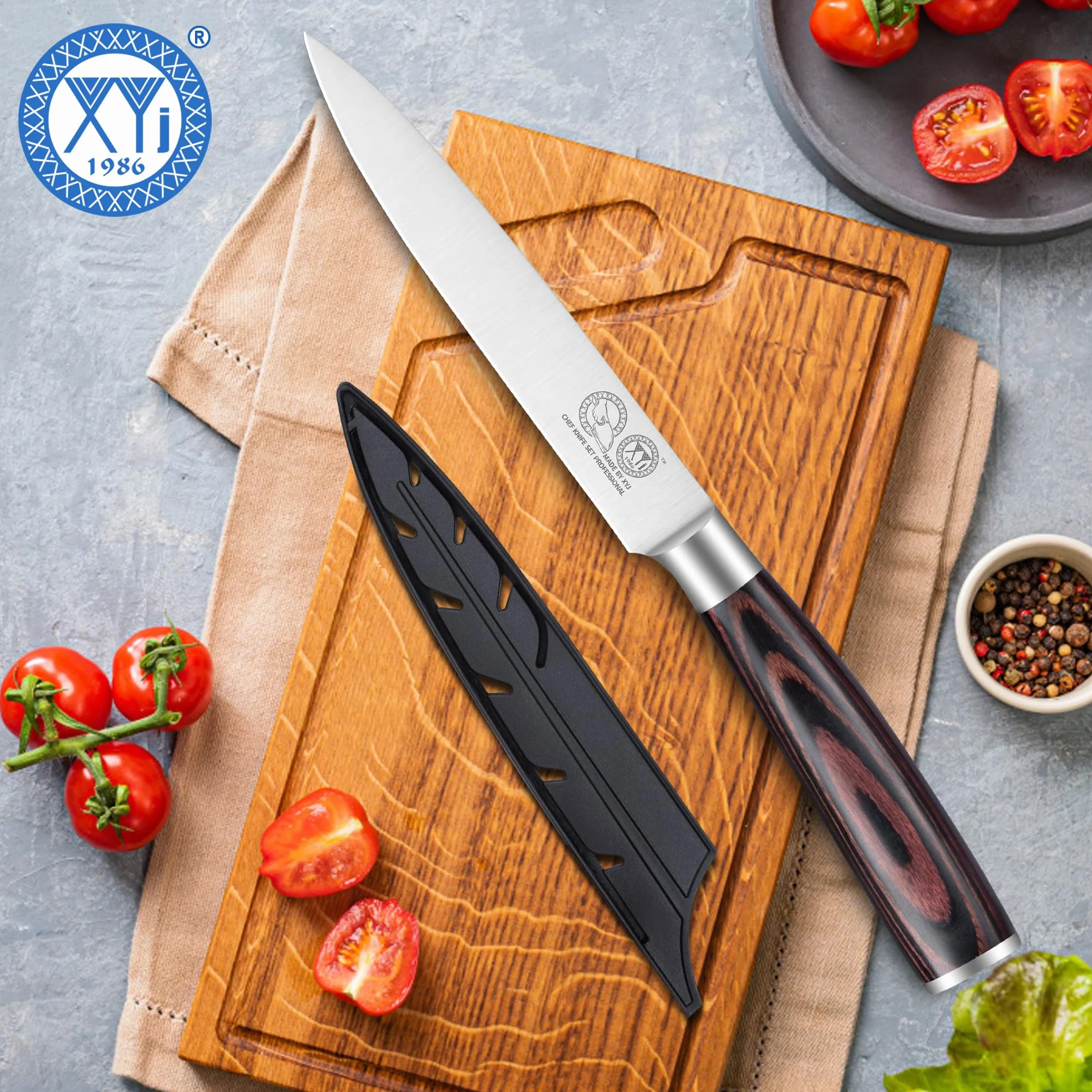XYJ Authentic Since 1986,5 Inch Kitchen Knife, Stainless Steel Japanese Utility Knife, Meat Cleaver for Meat Cutting,Pakka Wood Handle,Plastic Edge Guard Protector,Chefs Knife