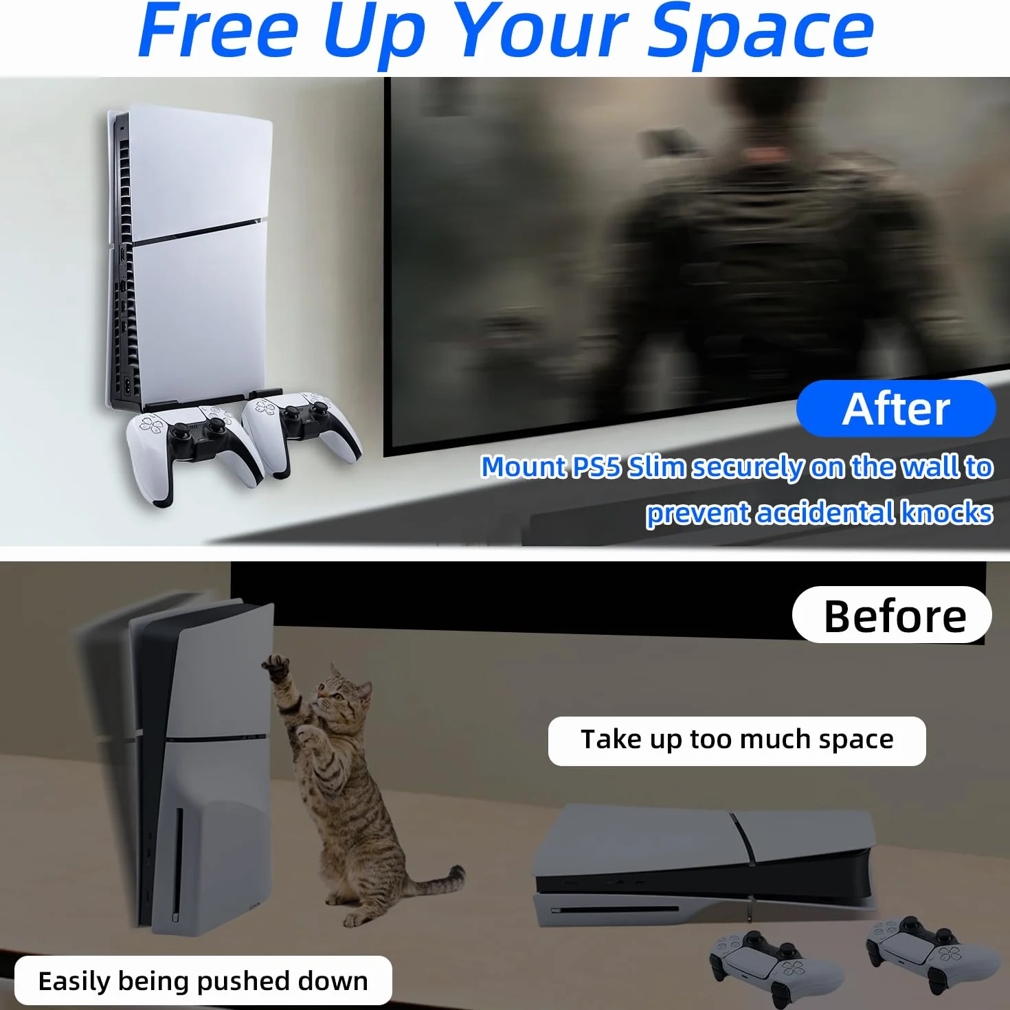Mcbazel Wall Mount Stand Bracket Kit with Controller/Headset Holder & Fixing Screw for PS5 Slim Disc/Digtial Edition,PS5 Slim Stand Accessories
