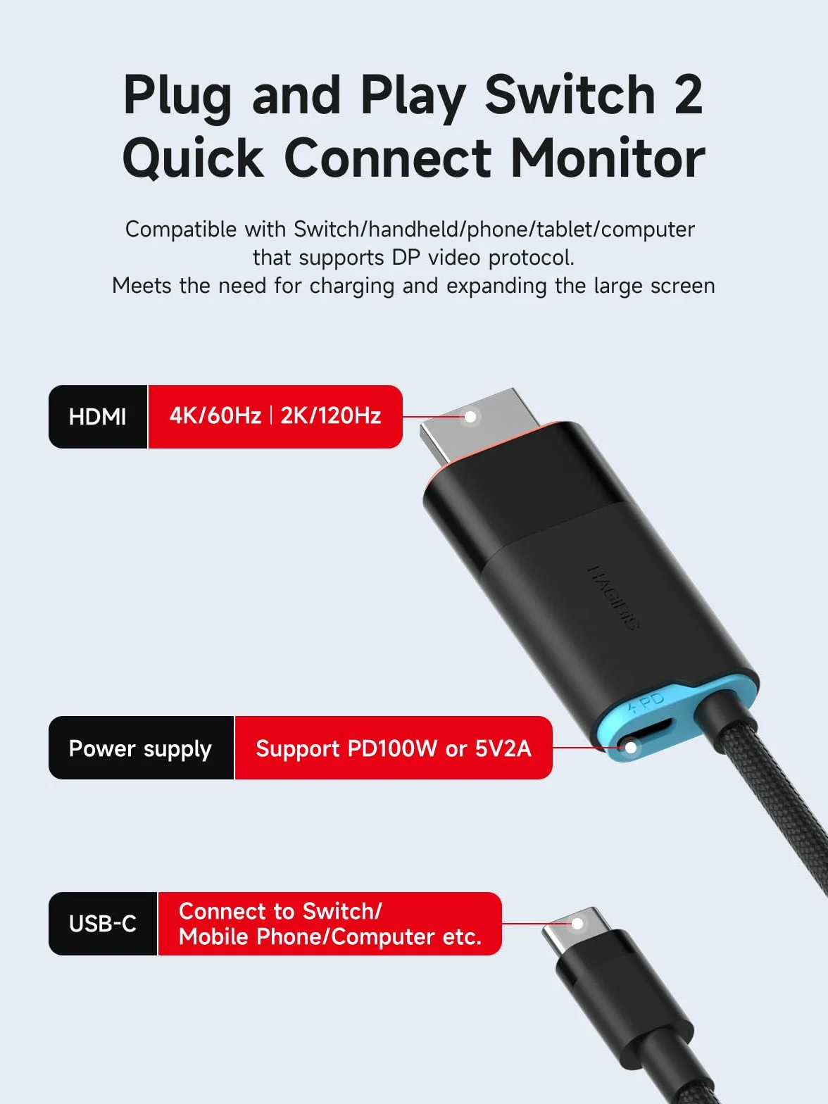 Hagibis Stacja dokująca Switch2 do Nintendo Switch1/2 i Switch OLED, USB C na HDMI z 4K przy 60 Hz, 100 W PD, adapter typu C na HDMI