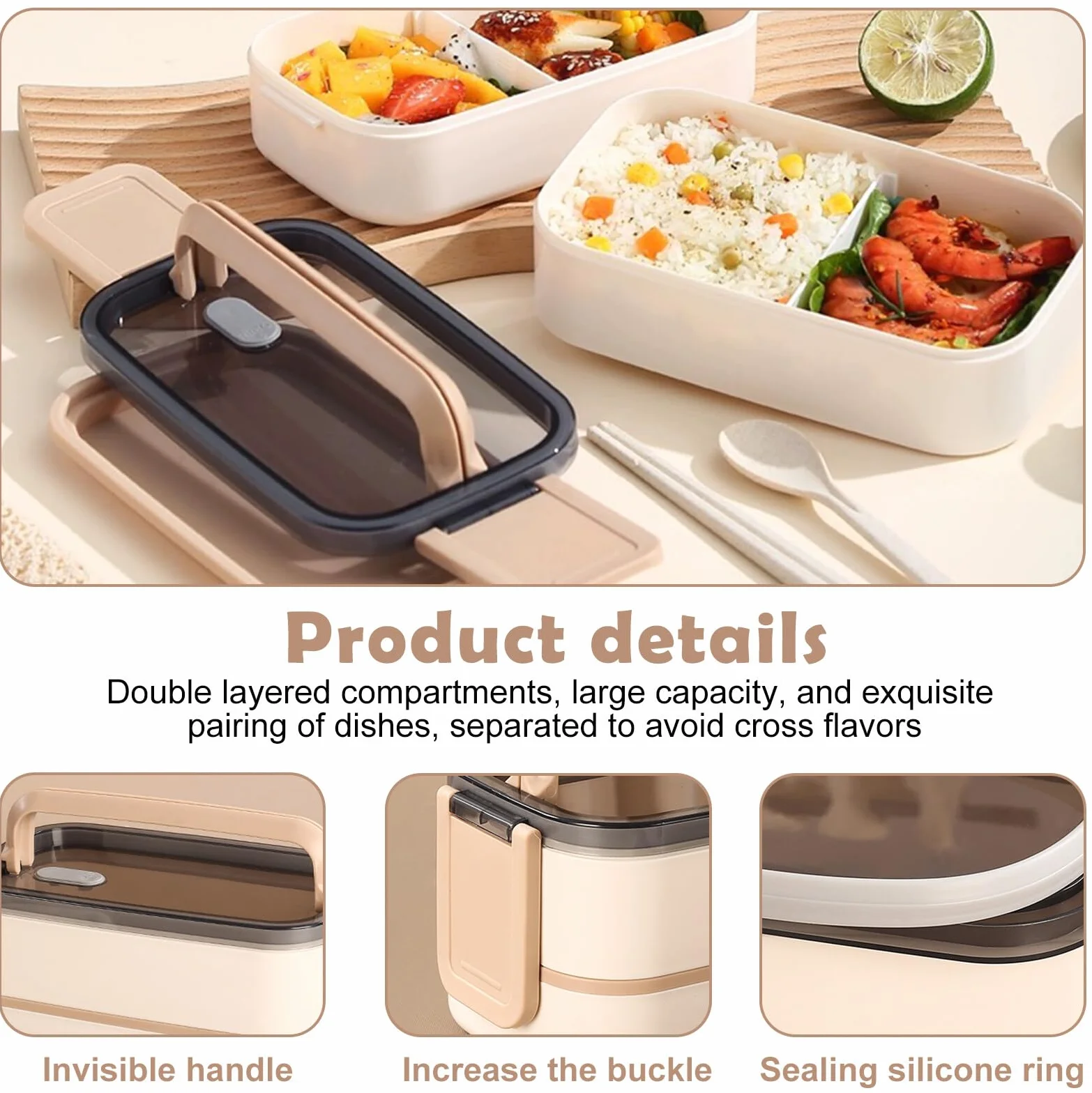 Bento Pudełko na lunch 1400 ml 2 poziomy szczelne z przegródkami