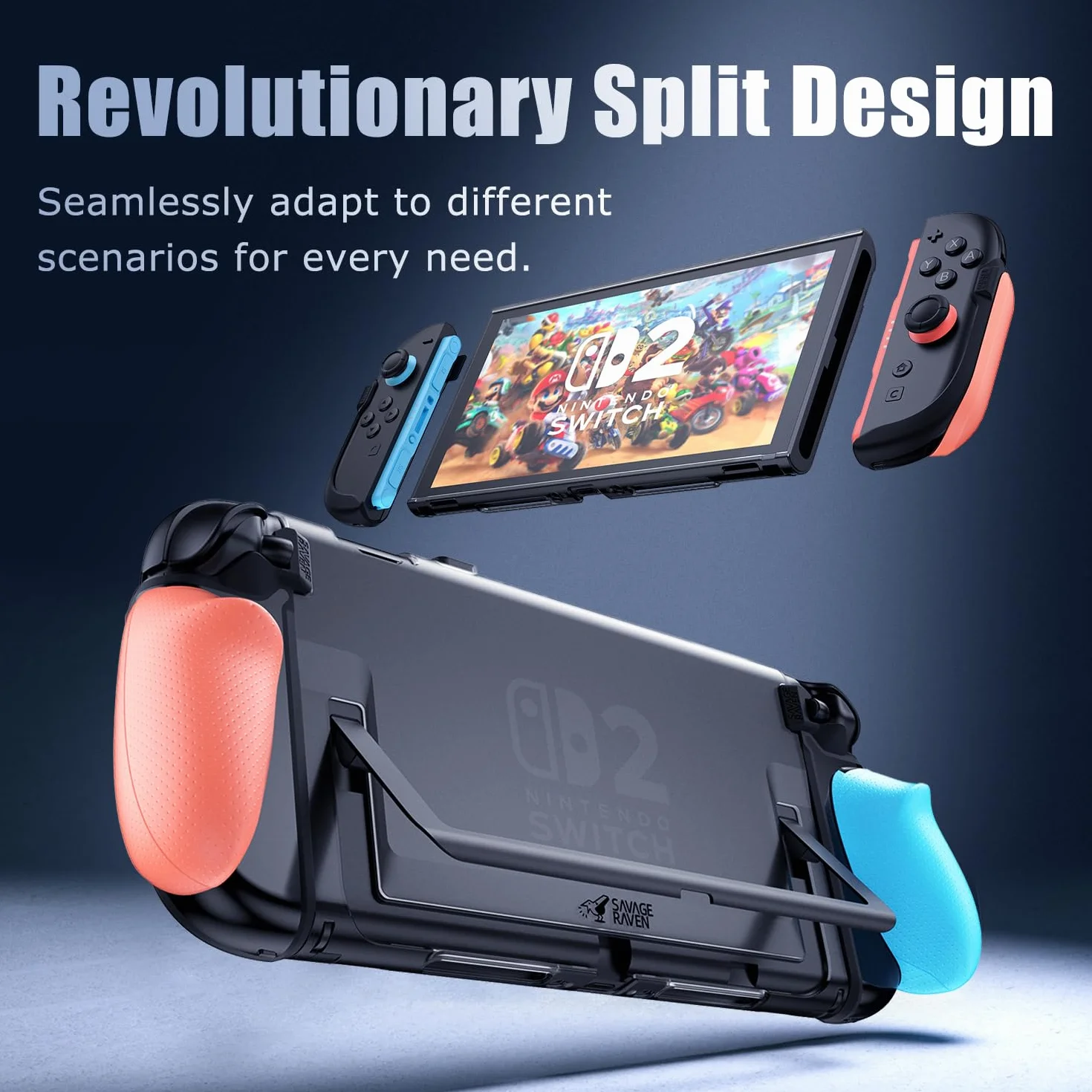 Savage Raven by Skull & Co. FissionGrip do Nintendo Switch 2: Rewolucyjny dzielony ręczny futerał ochronny z wymiennymi uchwytami [pasuje do wszystkich rozmiarów rąk] [Etui bez przenoszenia]- Czarny
