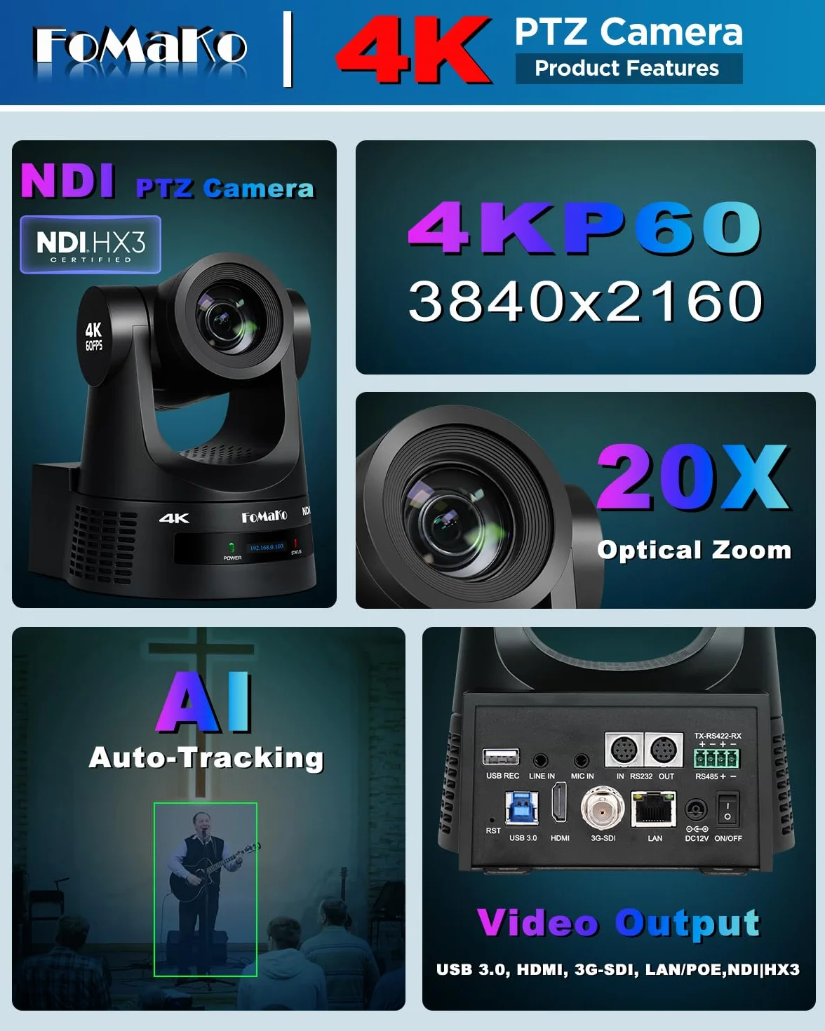 FoMaKo Kamera NDI PTZ 4K 60 kl./s, obsługuje wyjście NDI HX3 4K 60 kl./s, 20-krotny zoom optyczny, automatyczne śledzenie AI Gen 3, 3G-SDI/HDMI/NDI/USB/PoE, idealna do kultu kościoła i studia na żywo