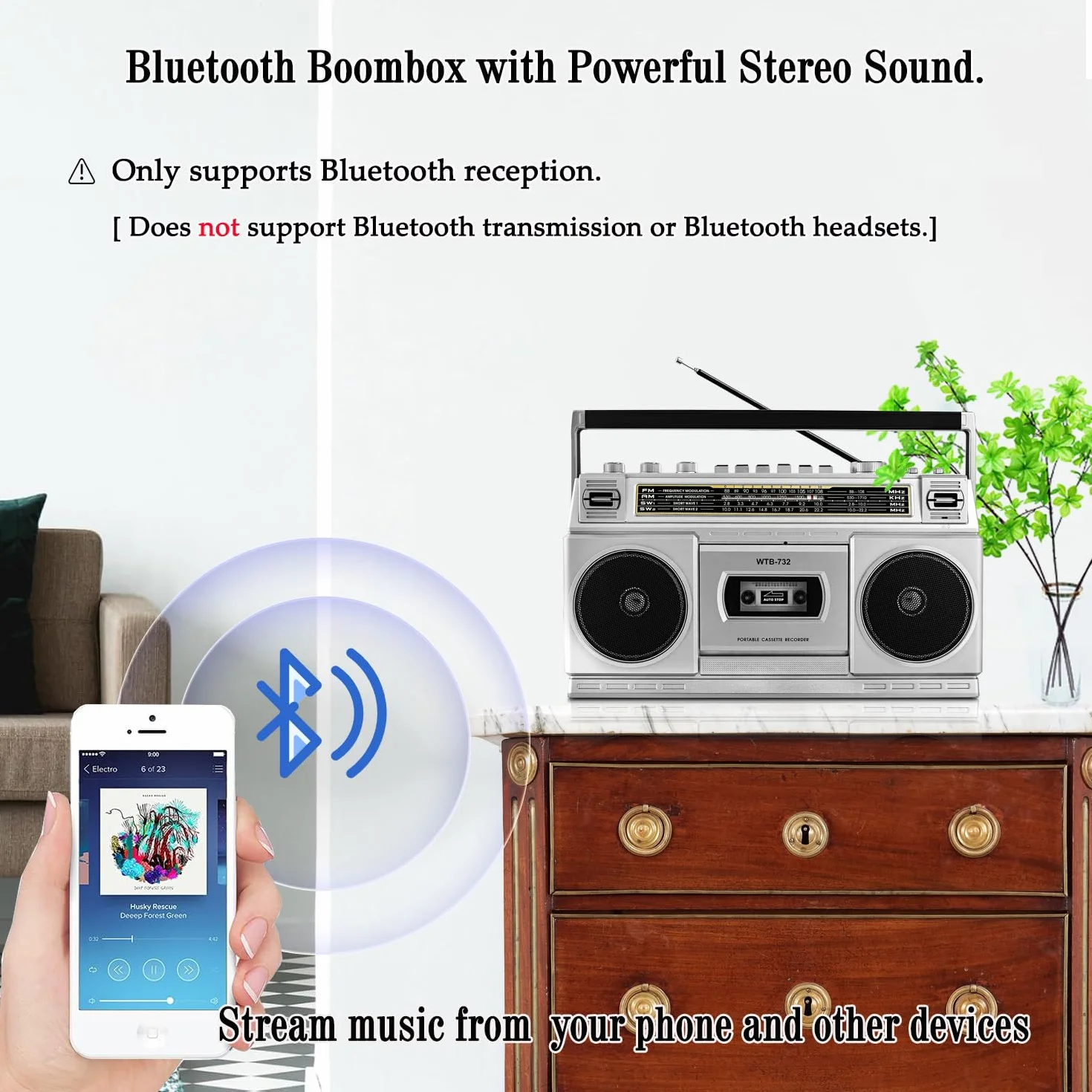 Boombox w stylu retro Classic w stylu lat 80., odtwarzacz kasetowy z radiem AM/FM/SW, Bluetooth, USB, gniazdo słuchawkowe, 24 W, głośniki Dual Full-Range High-Bass