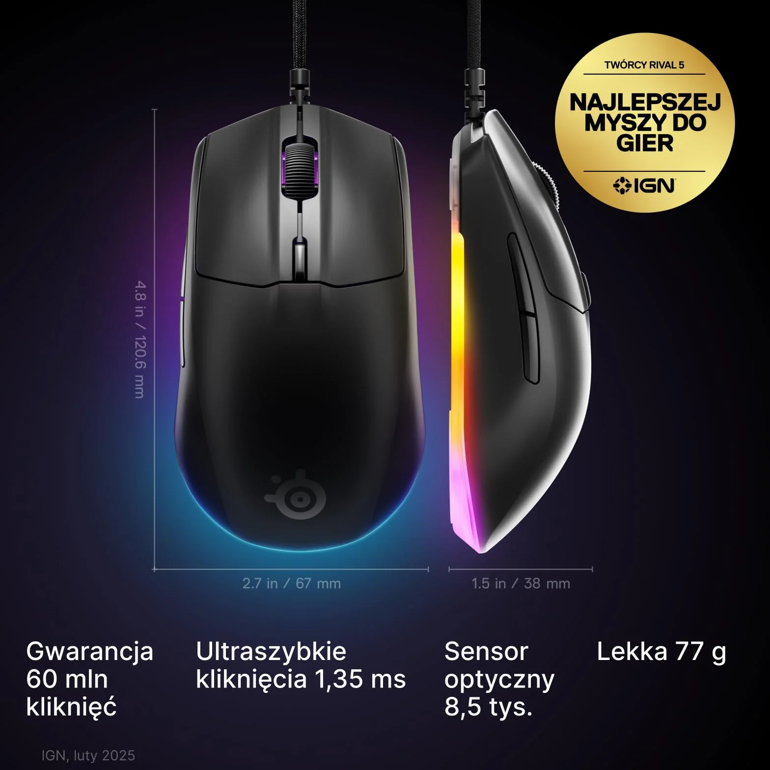 SteelSeries Rival 3 Gen 2 Mysz do Gier, Sensor Optyczny TrueMove Core 8500 DPI, 77g, PTFE, RGB, Czarna