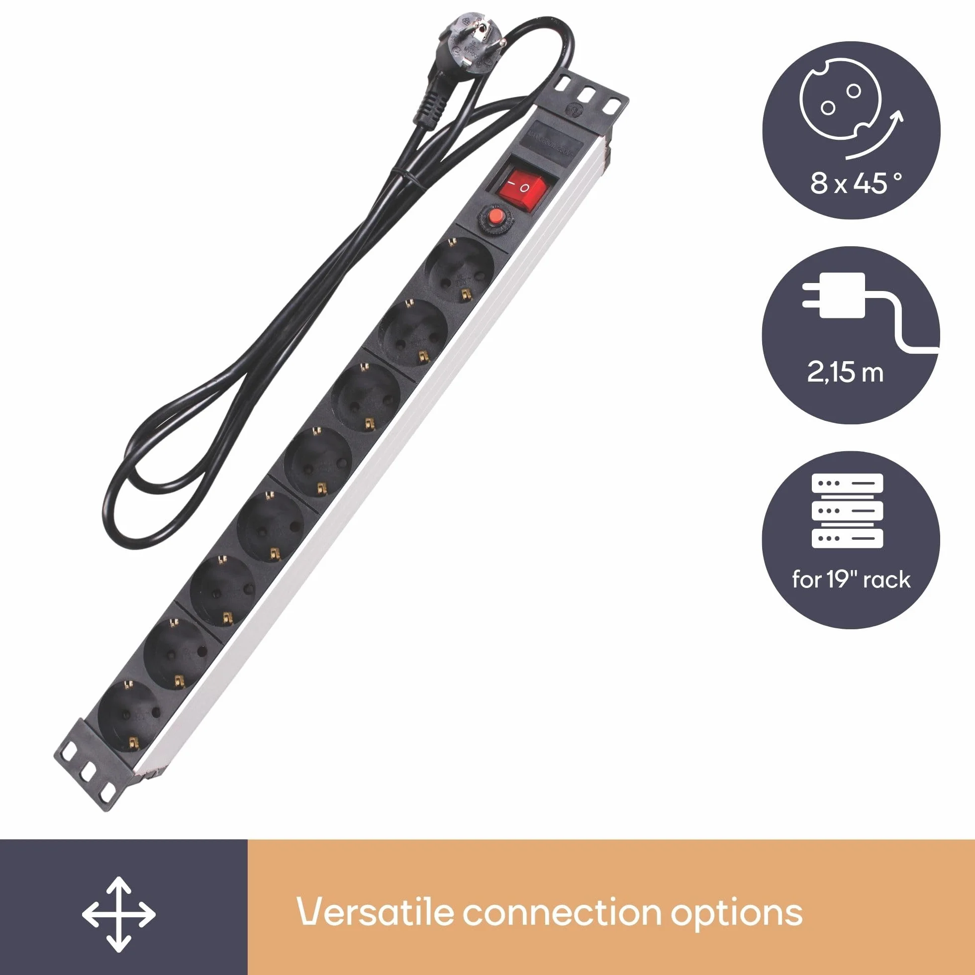 Perel Listwa zasilająca PDU z 8 gniazdami Schuko typu F z wyłącznikiem i zabezpieczeniem przeciwprzepięciowym, kabel H05VV-F 3G1.5 2,15 m, 3680 W dystrybutor zasilania do szafy 19" i biura