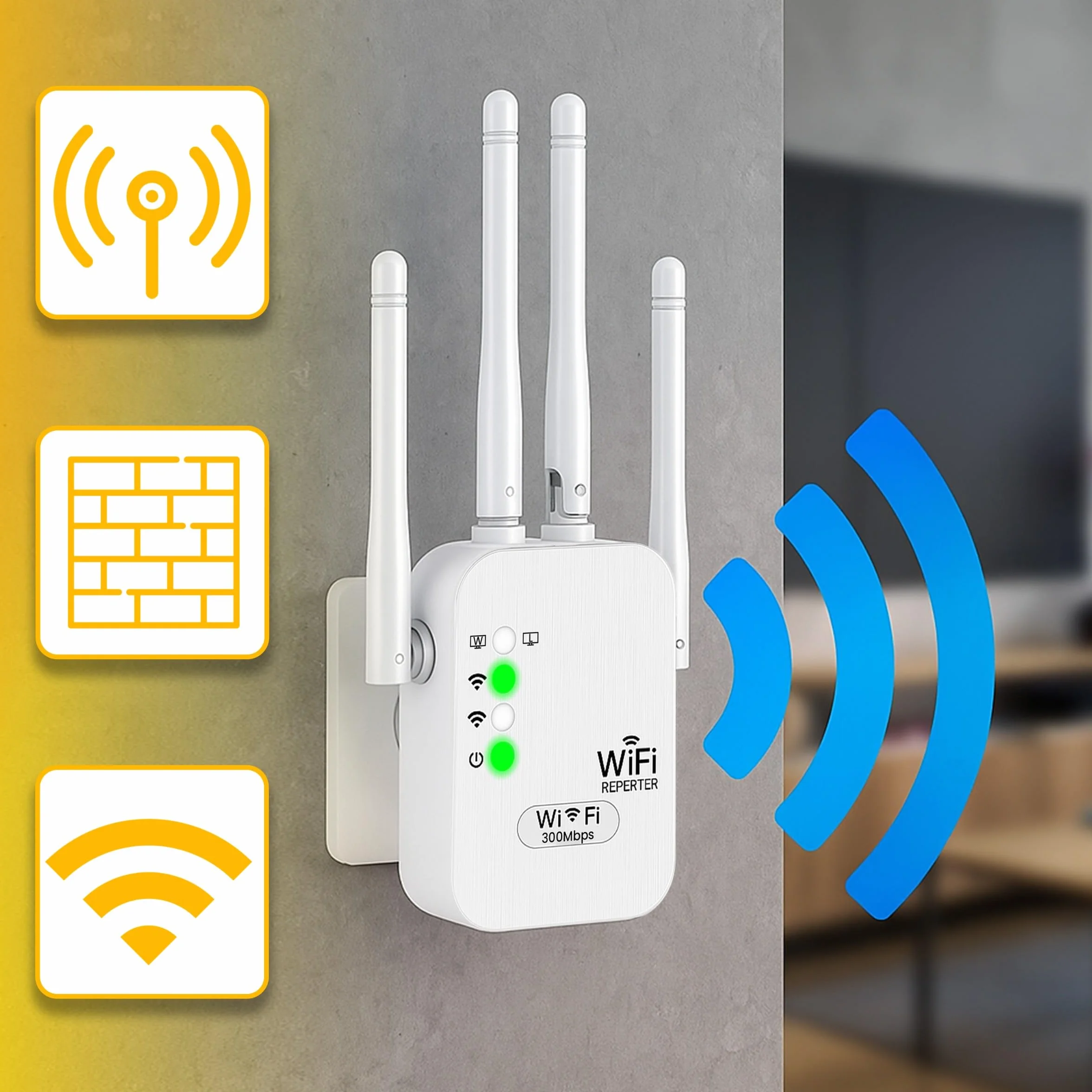 Retoo wzmacniacz sygnału Wi-Fi N 300 Mbit/s 2,4GHz 4 anteny repeater router tryb Access Point Modus WPA/WPA2 WPS funkcja EU wtyczka Biały prosty montaż dla stabilnego połączenia internetowego