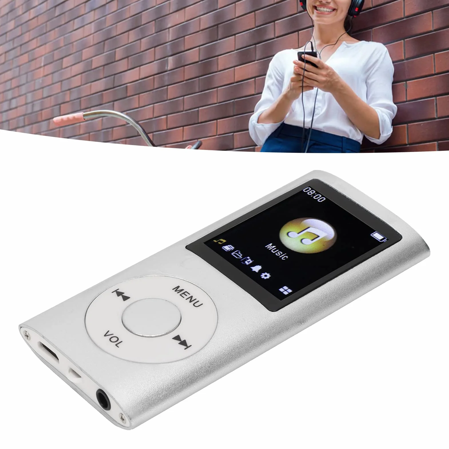 Odtwarzacz MP3/MP4, Przenośny Odtwarzacz Muzyki ze Słuchawkami, Ekran HD 1.8 Cala, Obsługa Karty Pamięci do 64 GB, Czas Odtwarzania 8H, Super Lekka Metalowa Obudowa(Srebro)