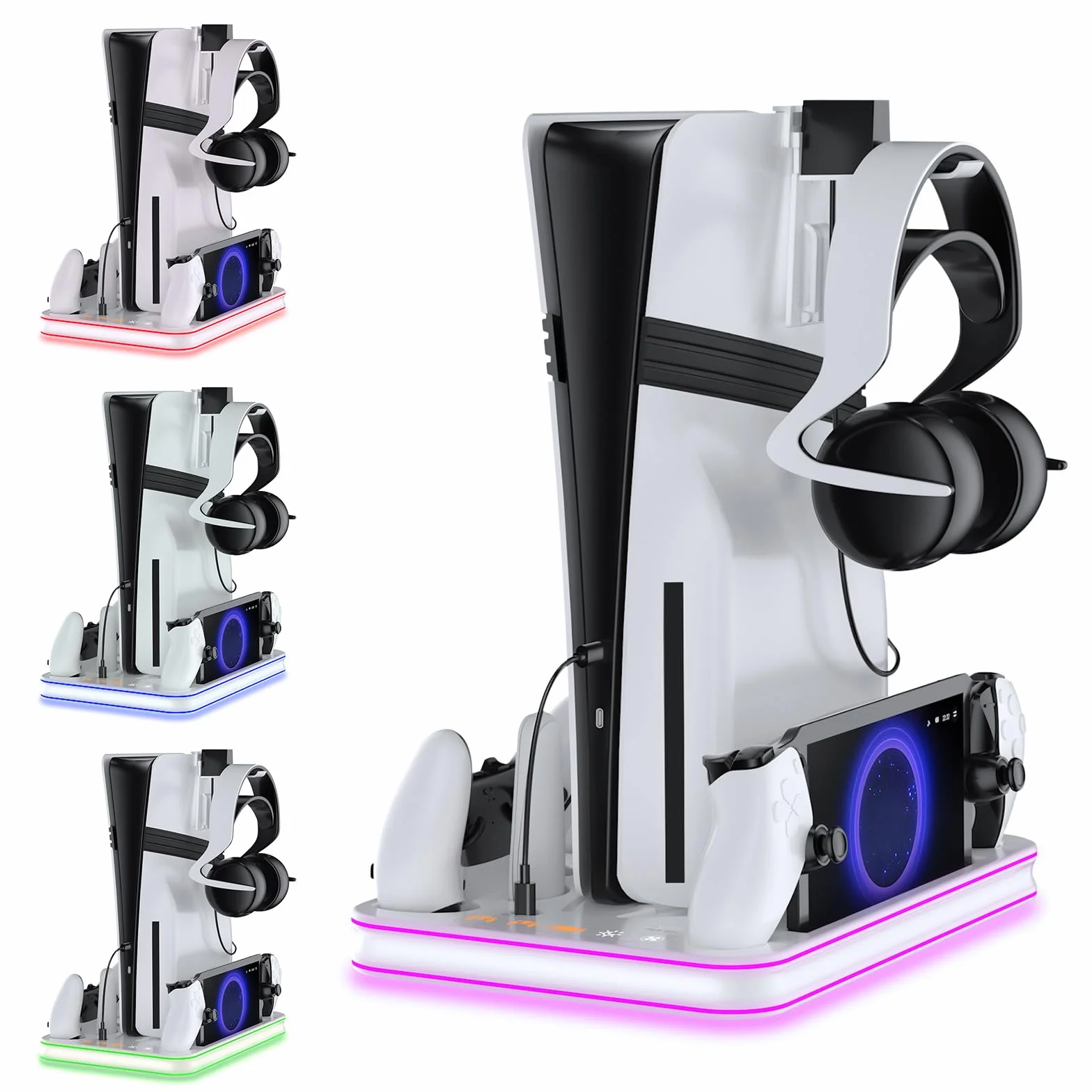 PS5 Pro/PS5/PS5 smukły stojak i stacja chłodząca z diodami LED RGB, stacja ładująca portal PS, stojak chłodzący PS5 z 3-poziomowym wentylatorem chłodzącym, akcesoria do portalu PS (biały)