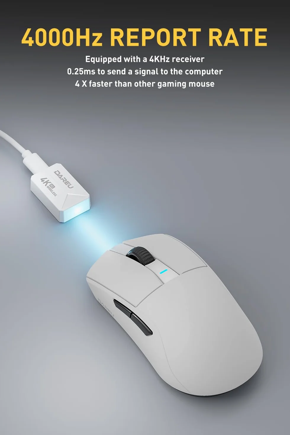 DAREU A950pro mysz do gier częstotliwość odświeżania 4 kHz, ultralekka waga 55 g, czujnik optyczny PAW3395, rozdzielczość 26K DPI, 5 programowalnych przycisków, obsługa szybkiego ładowania w 15 minut