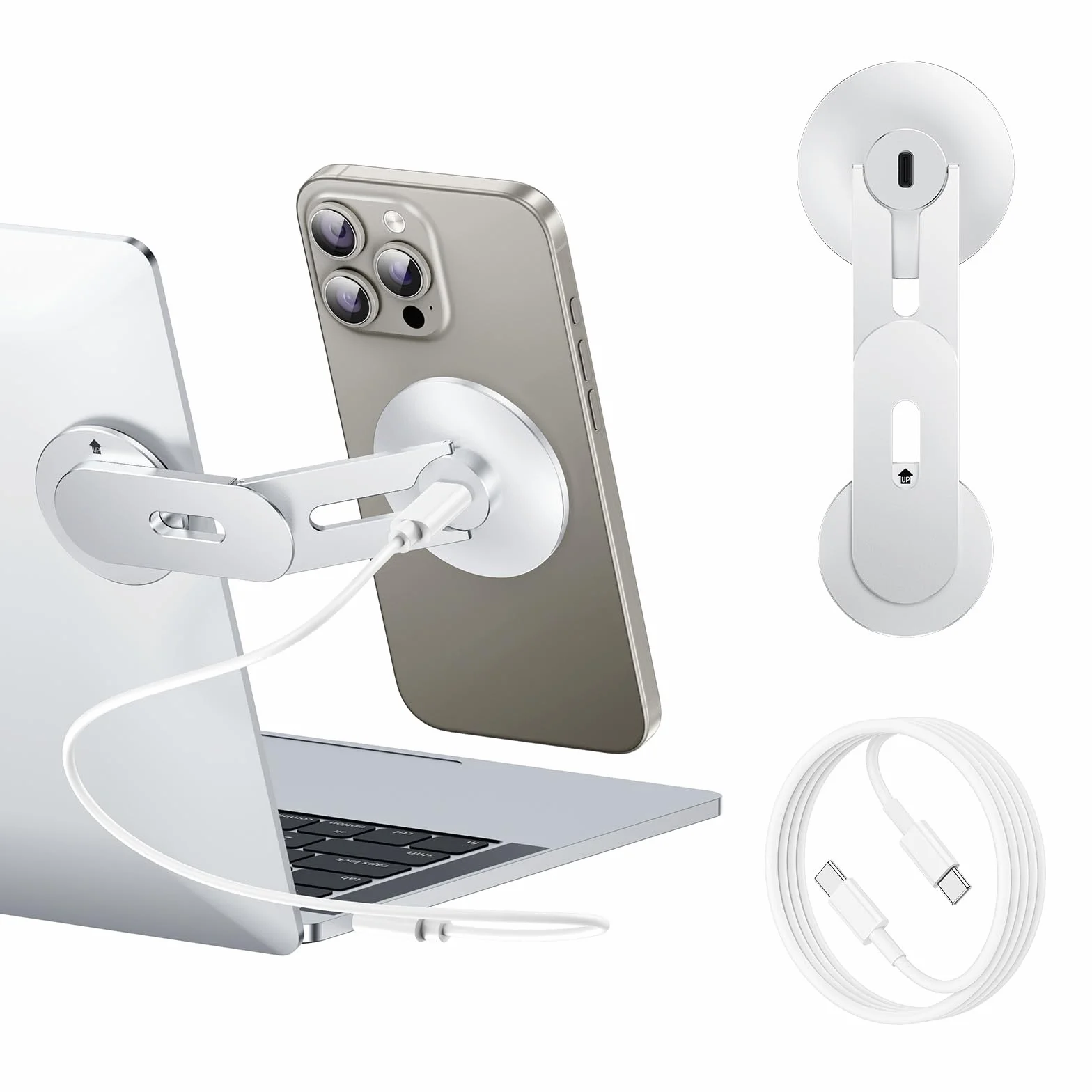 Uchwyt na telefon do laptopa, magnetyczny stojak na telefon 15 W z szybkim bezprzewodowym ładowaniem MagSafe do iPhone 16/15/14/13/12 i wszystkich telefonów do Tesli (srebrny)