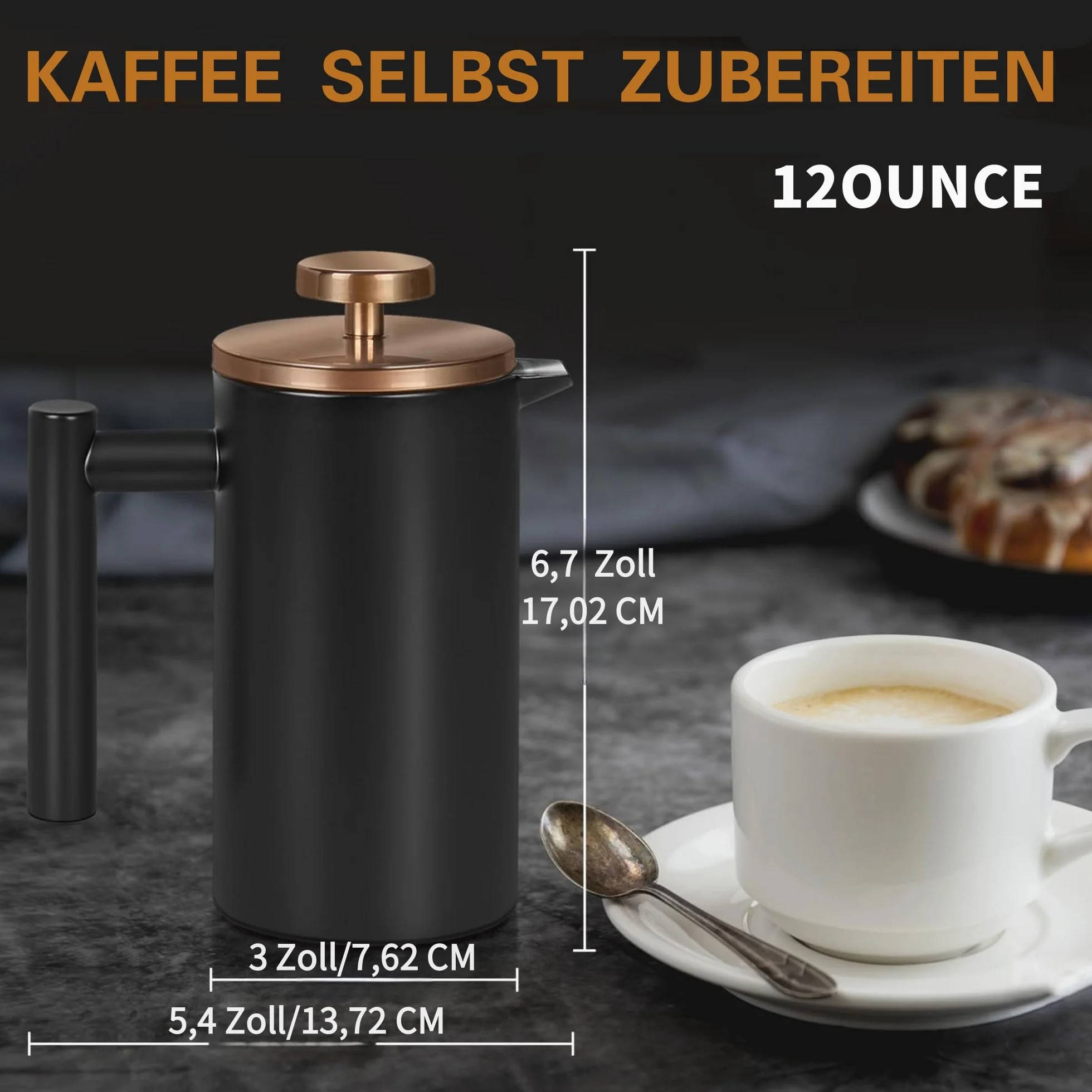 Zaparzacz do kawy French Press 350 ml, różowe złoto, kompaktowy podróżny