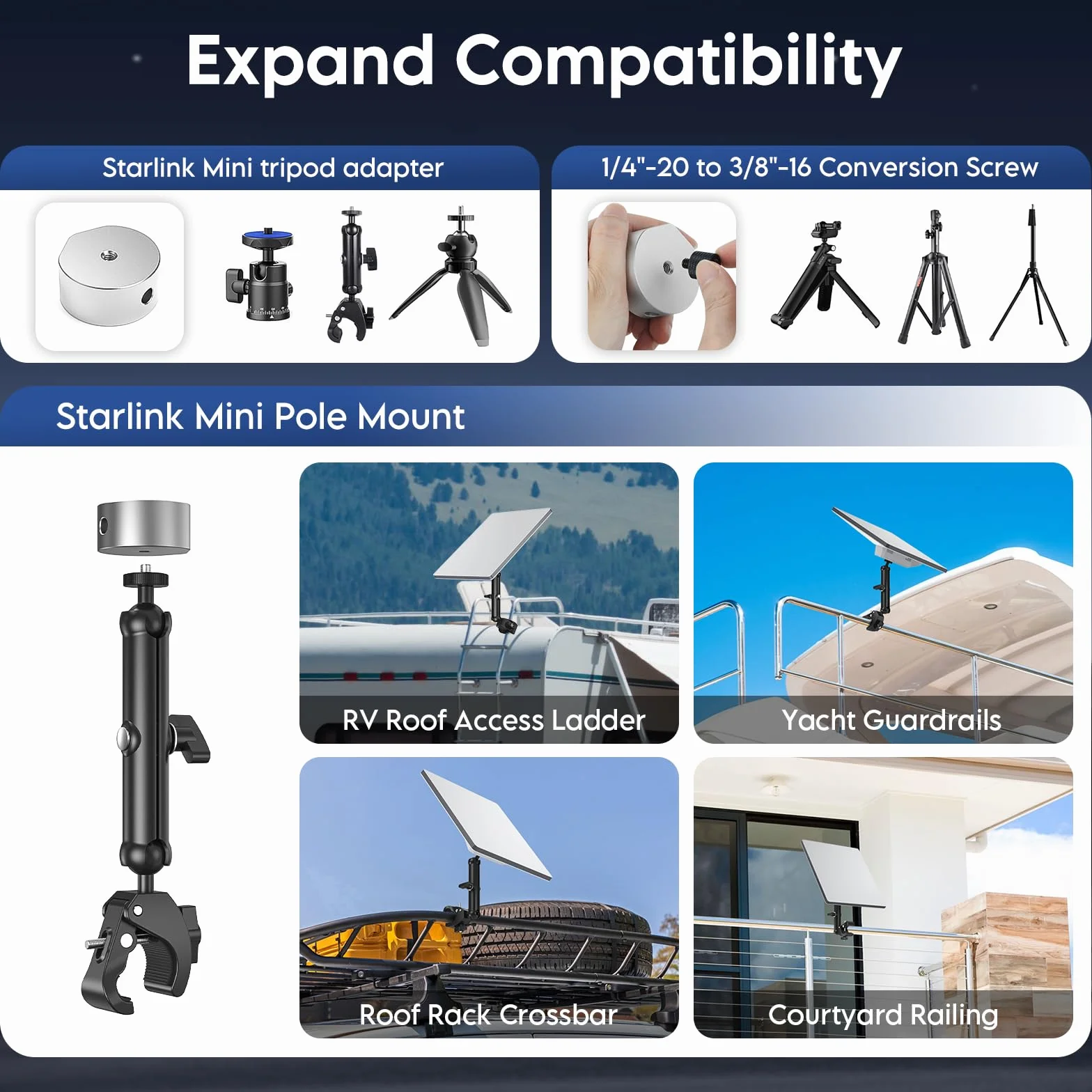 XLTTYWL 2025 Starlink Mini zestaw do montażu na słupku, aluminiowy adapter do statywu Starlink z gwintem 1/10.2 cm-20 i 3/20.3 cm-16