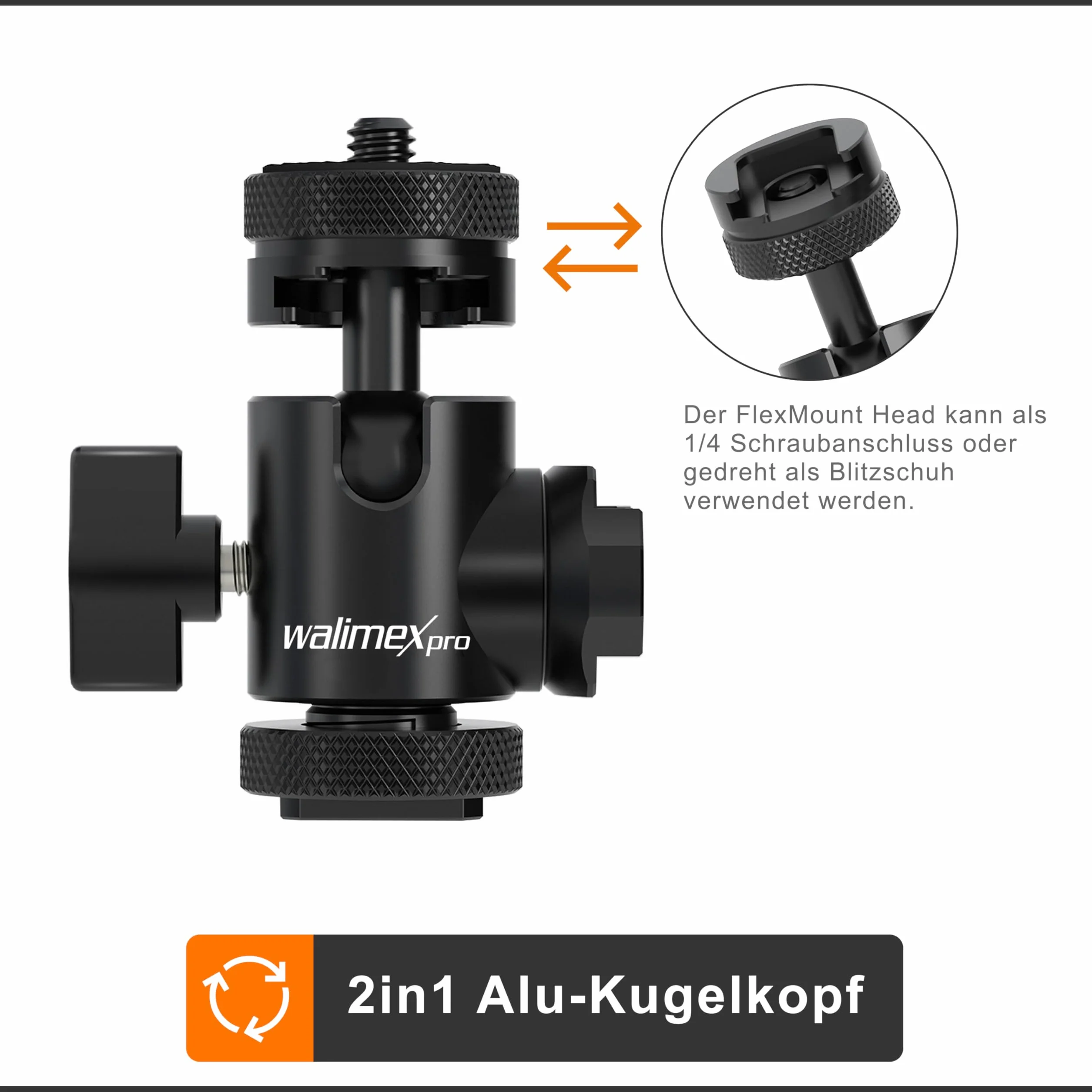 Głowica kulowa Walimex Pro Multi Mini z 2-krotną gorącą stopką i złączem 1/4 cala Możliwość obracania o 180° w obie strony do kamer, statywów, mikrofonów, diod LED Aluminiowa głowica statywowa