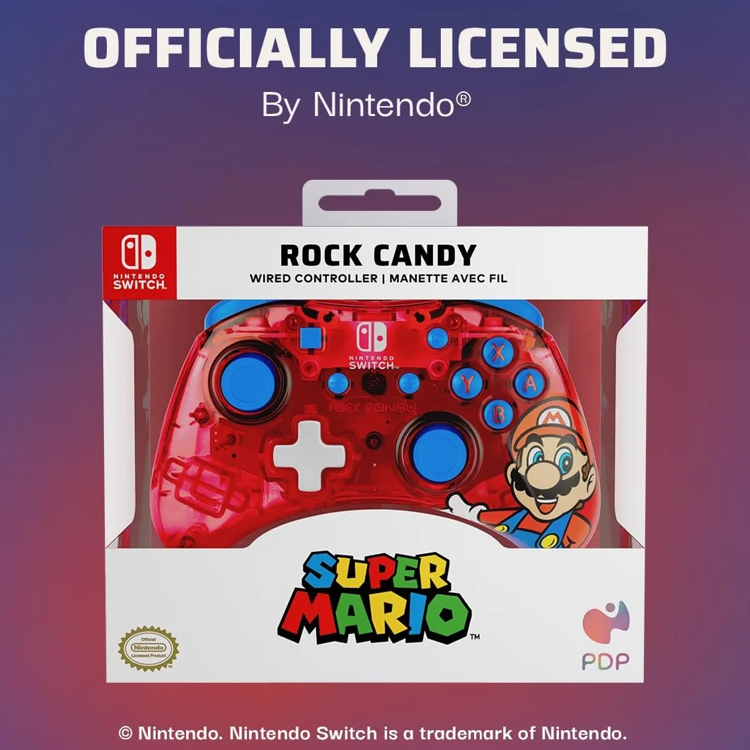 PDP Rock Candy przewodowy Gaming Switch Pro kontroler - Mario - Czerwony - Official License Nintendo - OLED/Lite Compatible, Compact, Durable Travel kontroler